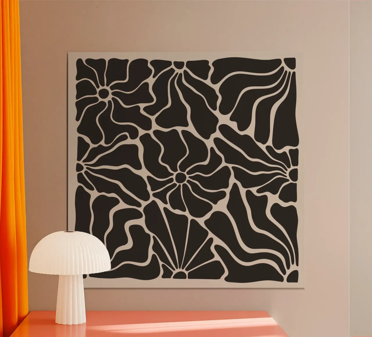Astratto Midcentury Modern 80s Fiori Nero Beige 1 poster con telaio in plastica da Modern Muse