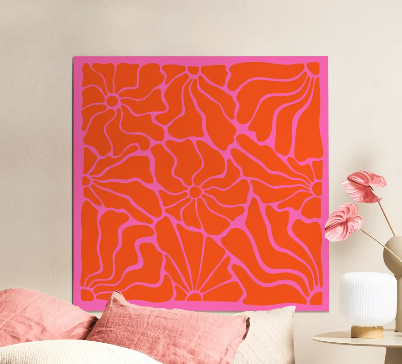 Astratto Midcentury Modern 80s Fiori Arancione Rosa poster con telaio in plastica da Modern Muse