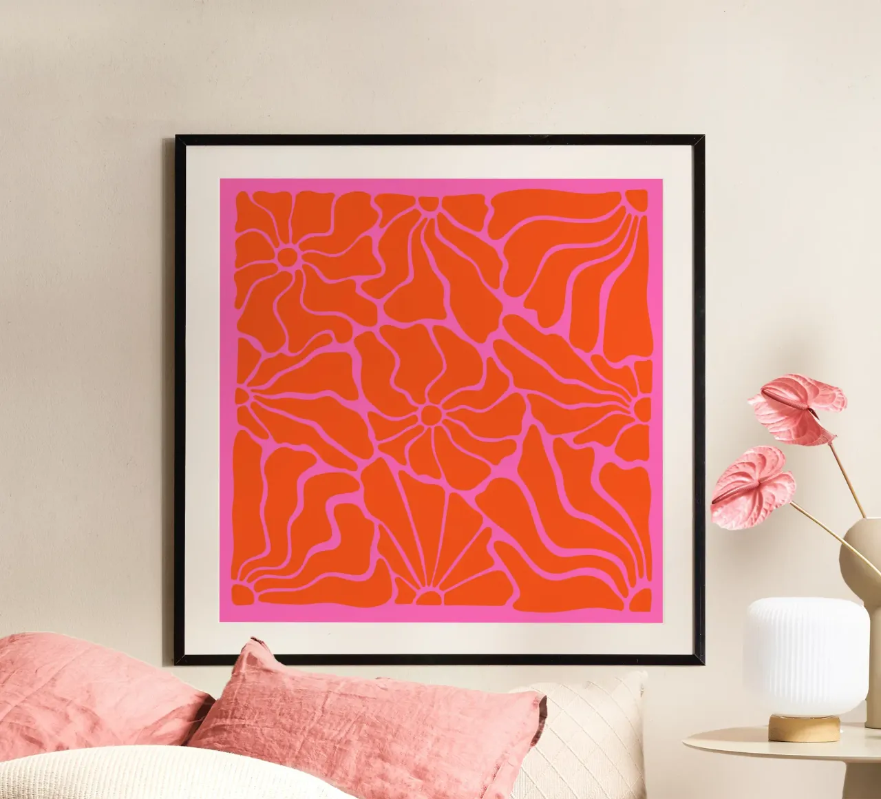 Astratto Midcentury Modern 80s Fiori Arancione Rosa poster con telaio in plastica da Modern Muse