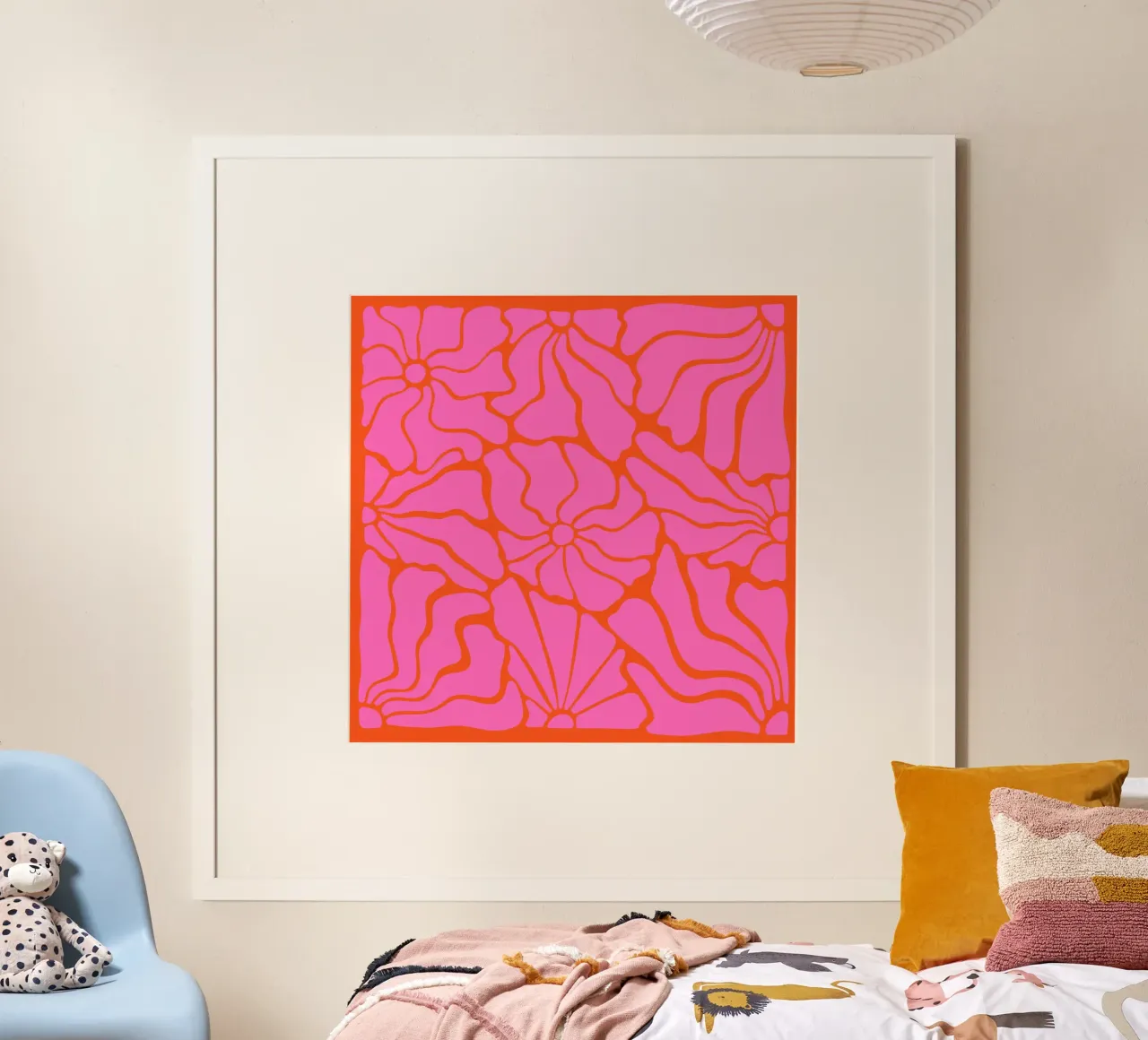 Astratto Midcentury Modern 80s Fiori Arancione Rosa poster con telaio in plastica da Modern Muse