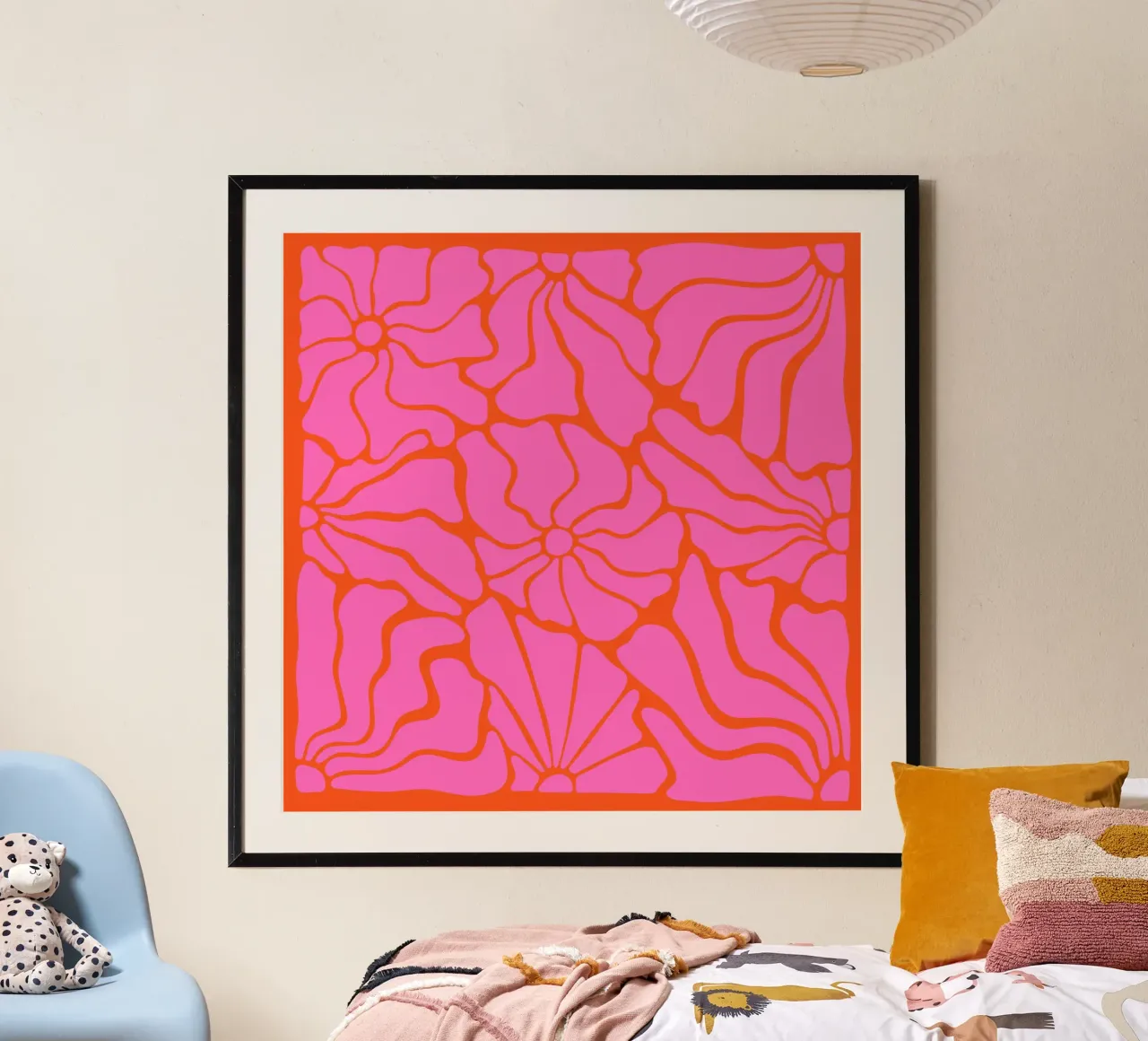 Astratto Midcentury Modern 80s Fiori Arancione Rosa poster con telaio in plastica da Modern Muse