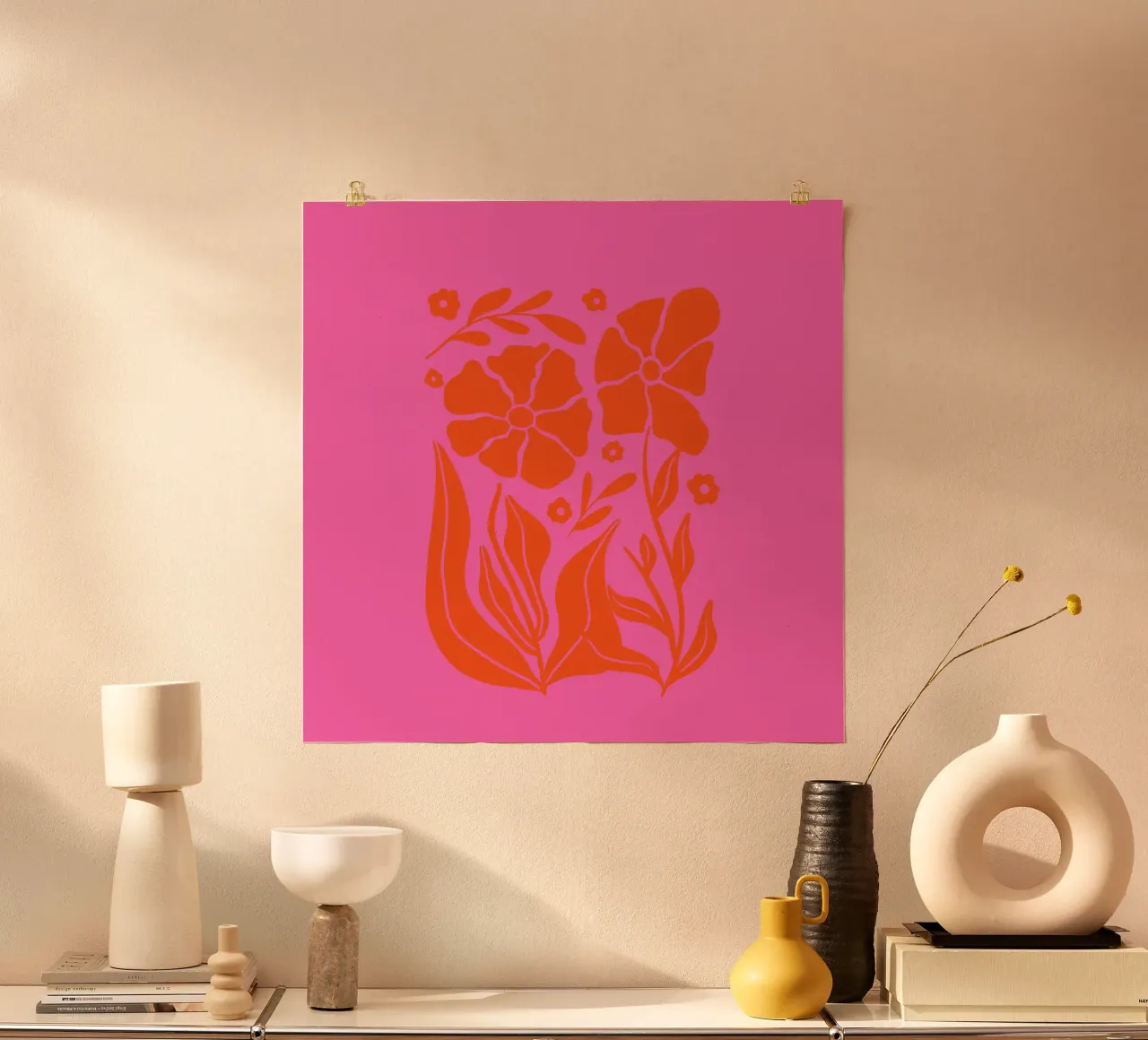 Giardino floreale retrò di metà secolo in rosa e arancione poster da Modern Muse