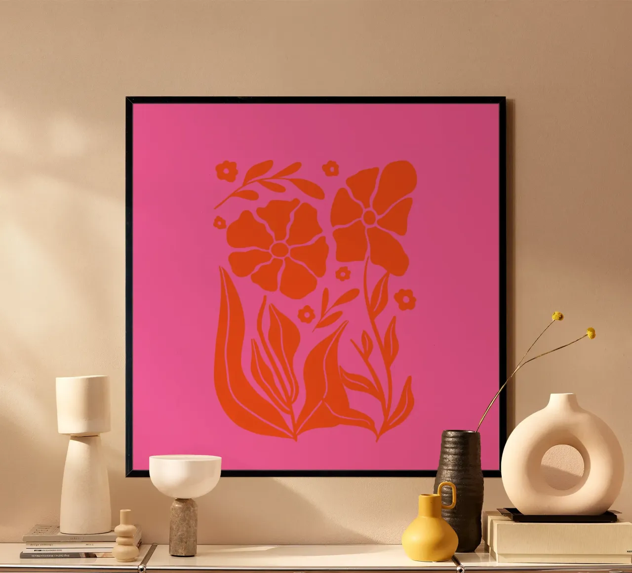 Giardino floreale retrò di metà secolo in rosa e arancione poster da Modern Muse