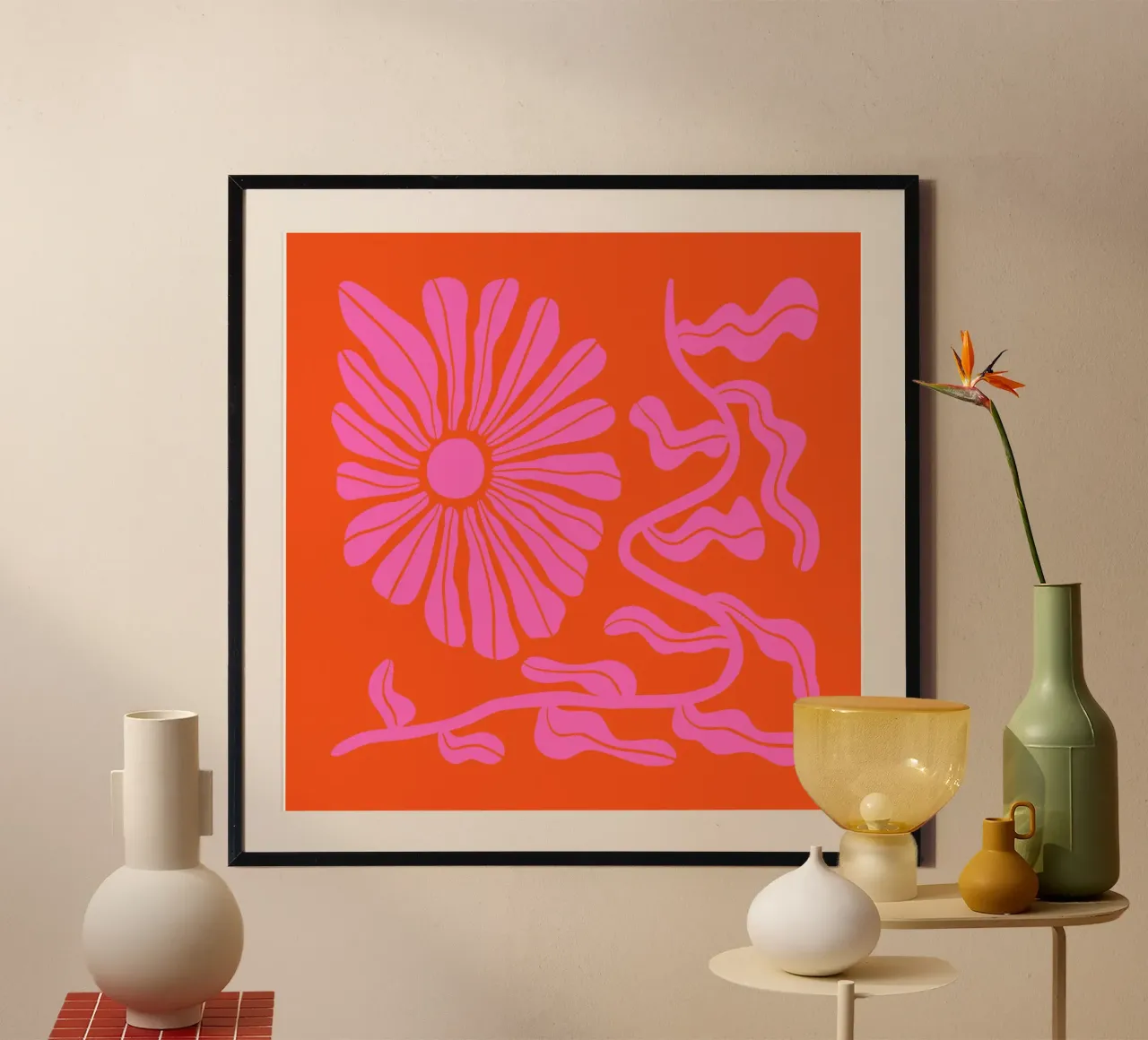 Giardino floreale retrò di metà secolo, rosa e arancione, anni '70-'80 poster con telaio in plastica da Modern Muse