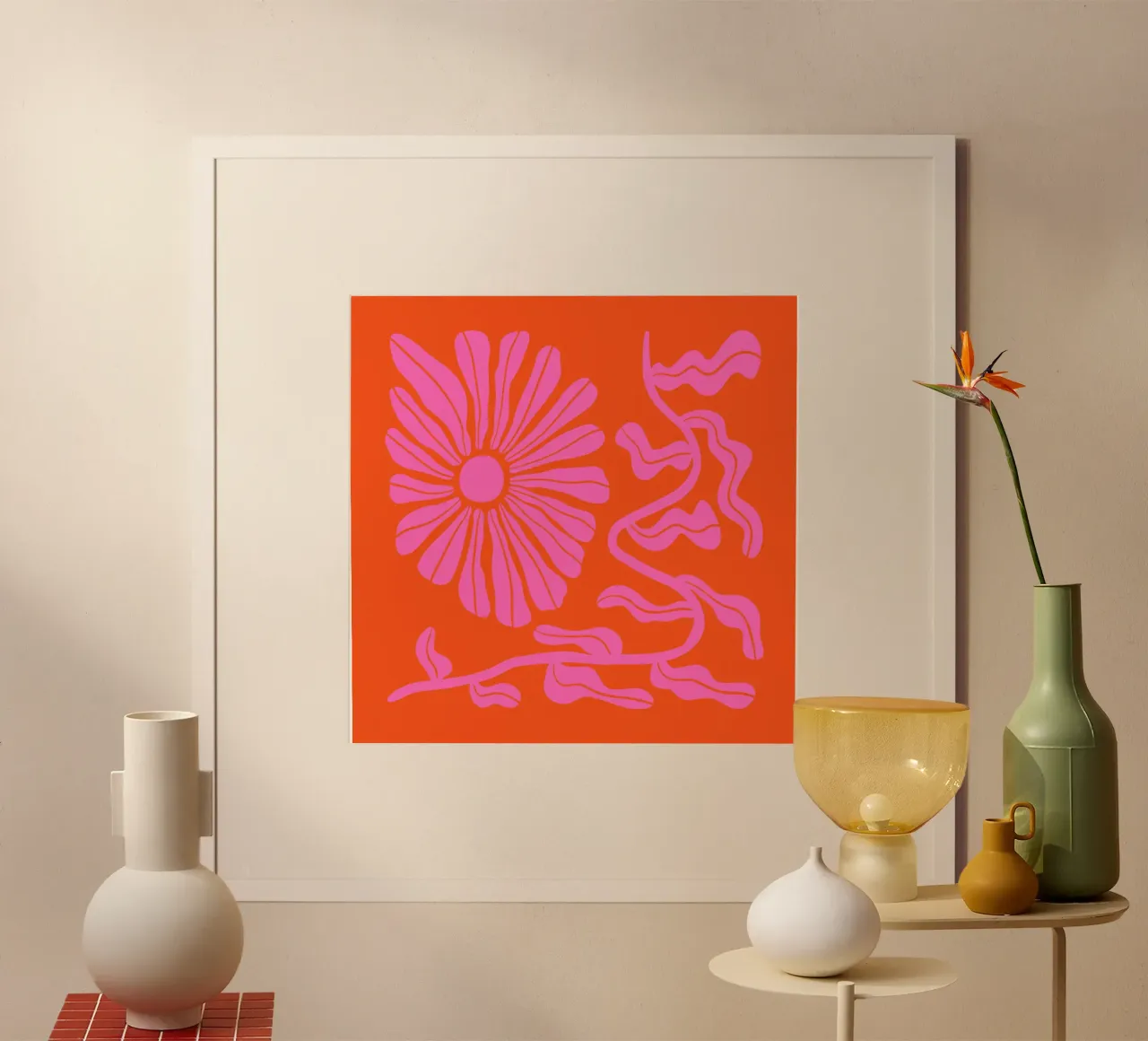 Giardino floreale retrò di metà secolo, rosa e arancione, anni '70-'80 poster con telaio in plastica da Modern Muse