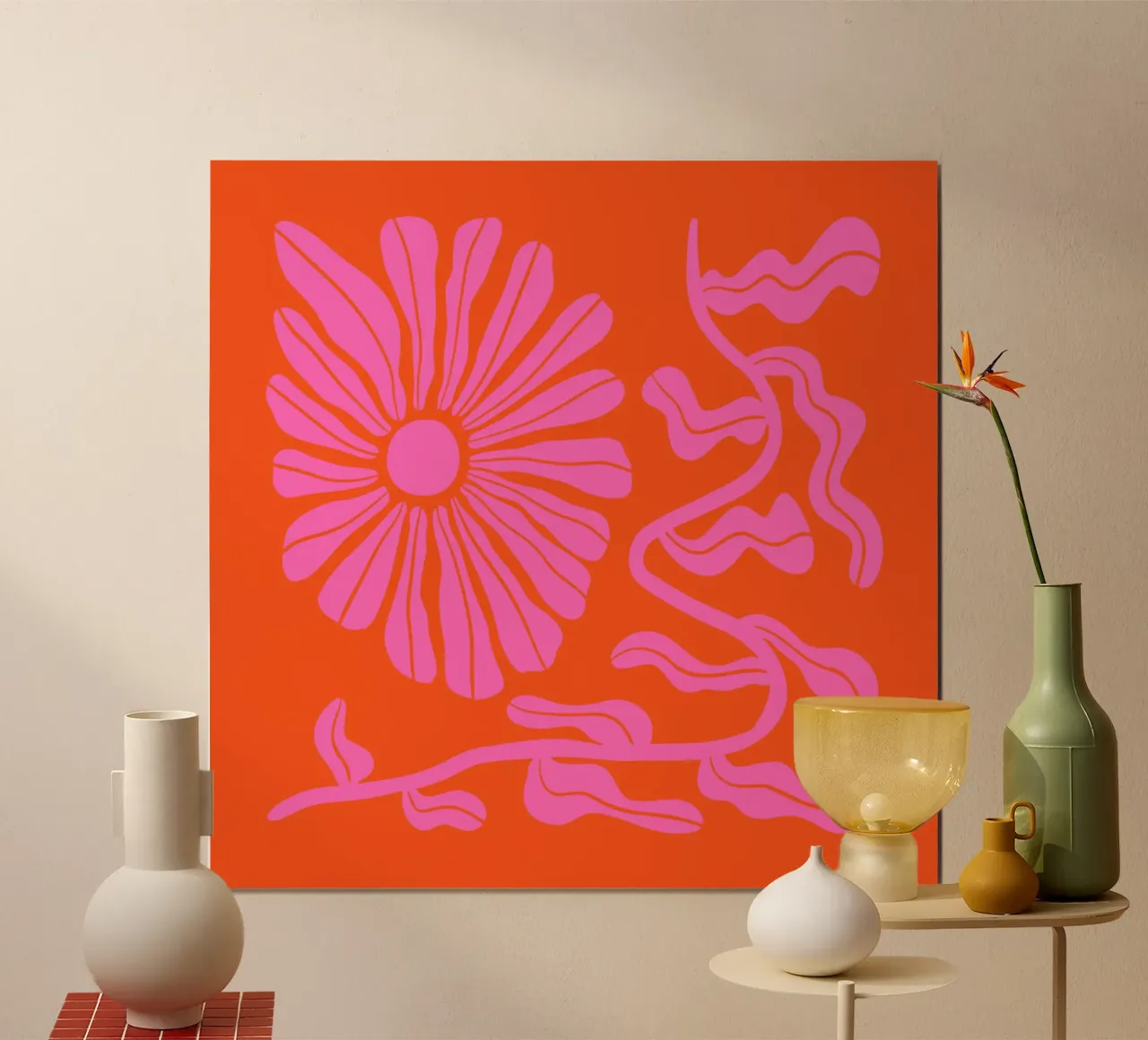 Giardino floreale retrò di metà secolo, rosa e arancione, anni '70-'80 poster con telaio in plastica da Modern Muse