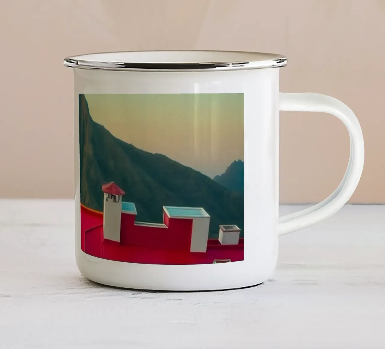 Tetti vibranti sullo sfondo di una splendida montagna tazza in smalto da DesignDoodle