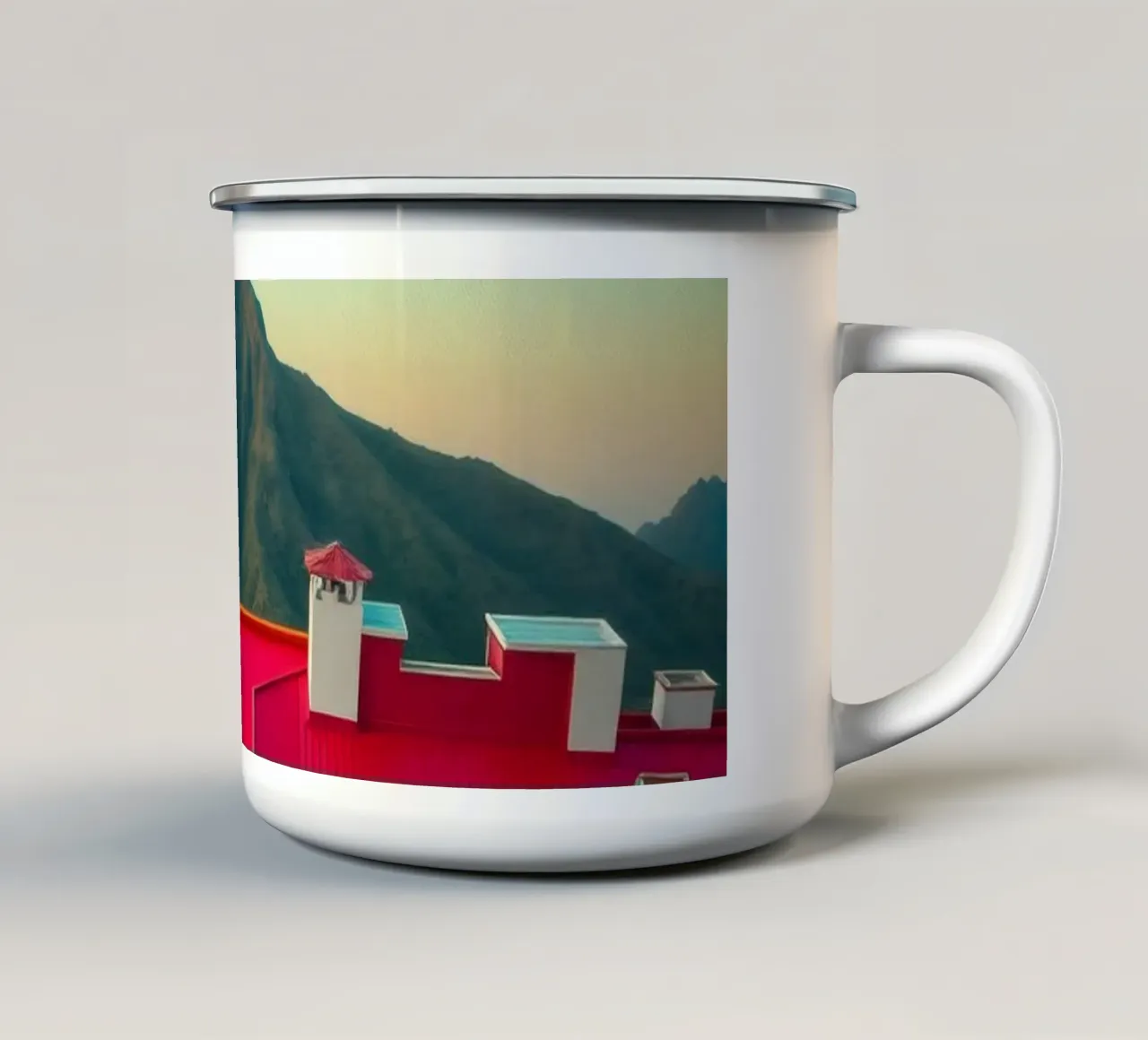 Tetti vibranti sullo sfondo di una splendida montagna tazza in smalto da DesignDoodle