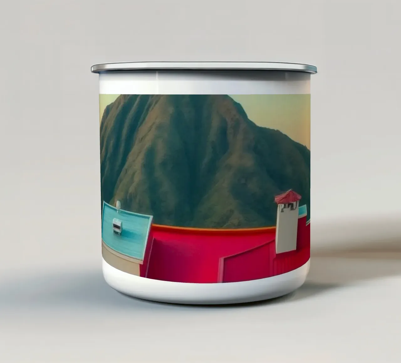 Tetti vibranti sullo sfondo di una splendida montagna tazza in smalto da DesignDoodle
