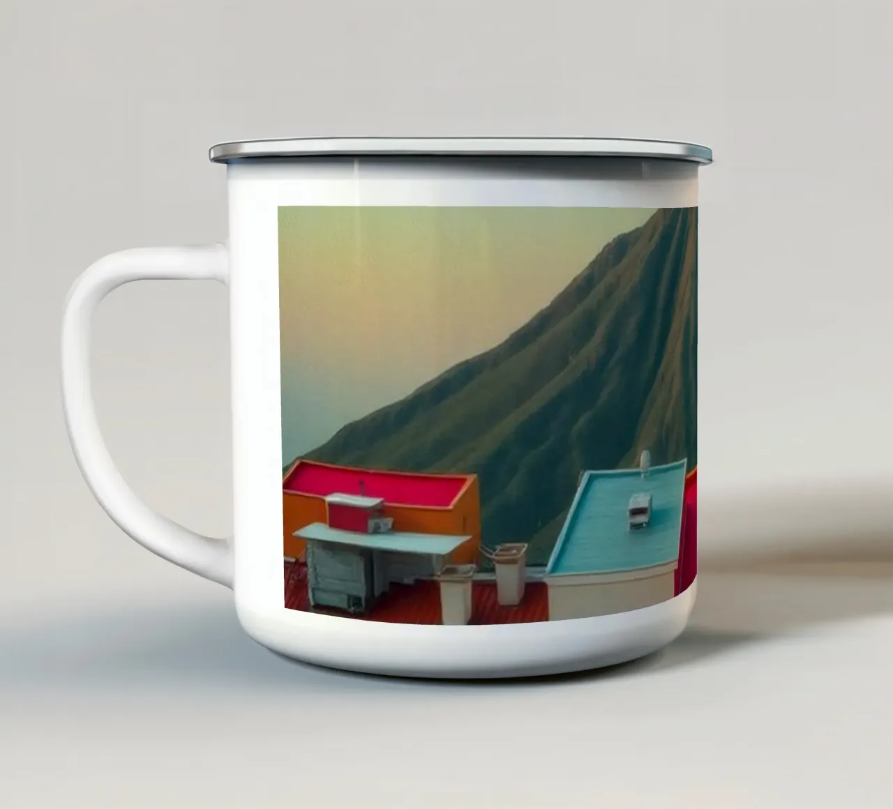 Tetti vibranti sullo sfondo di una splendida montagna tazza in smalto da DesignDoodle