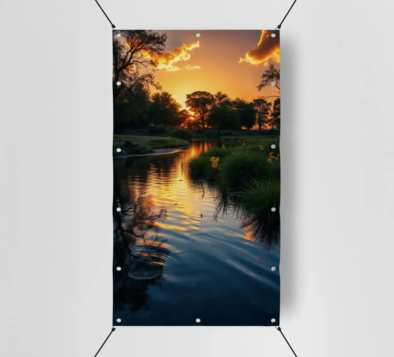 Vivido tramonto che si riflette sull'acqua calma con fiori vivaci telo in pvc da DesignDoodle