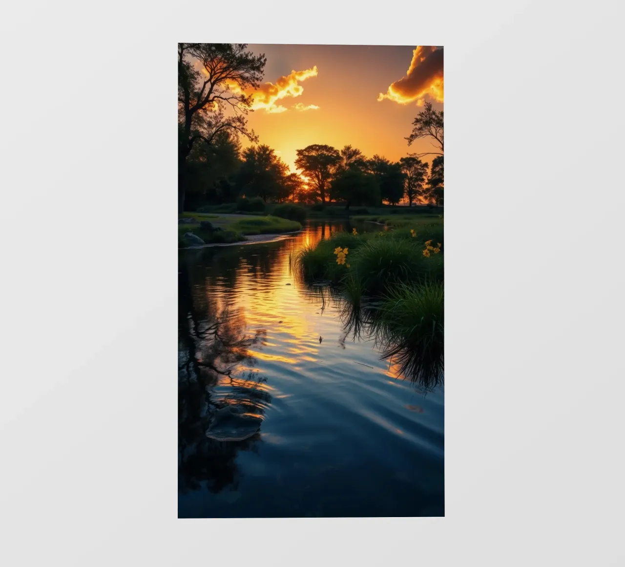 Vivido tramonto che si riflette sull'acqua calma con fiori vivaci telo in pvc da DesignDoodle