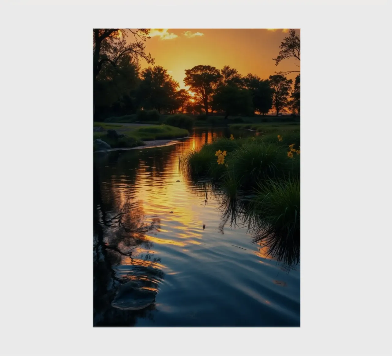 Vivid sunset reflecting on calm water with vibrant flowers notebook by DesignDoodle