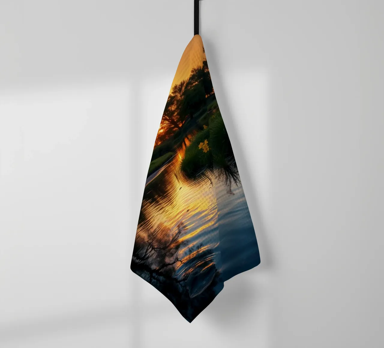 Coucher de soleil éclatant se reflétant sur une eau calme avec des fleurs éclatantes torchon de DesignDoodle