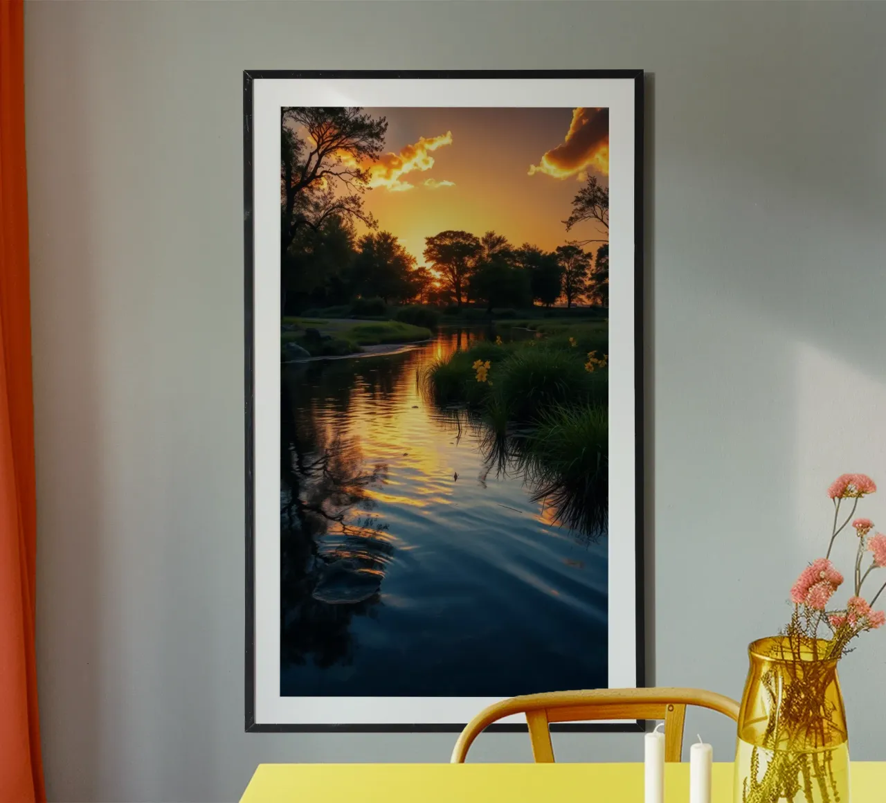 Vivido tramonto che si riflette sull'acqua calma con fiori vivaci poster con telaio in alluminio da DesignDoodle