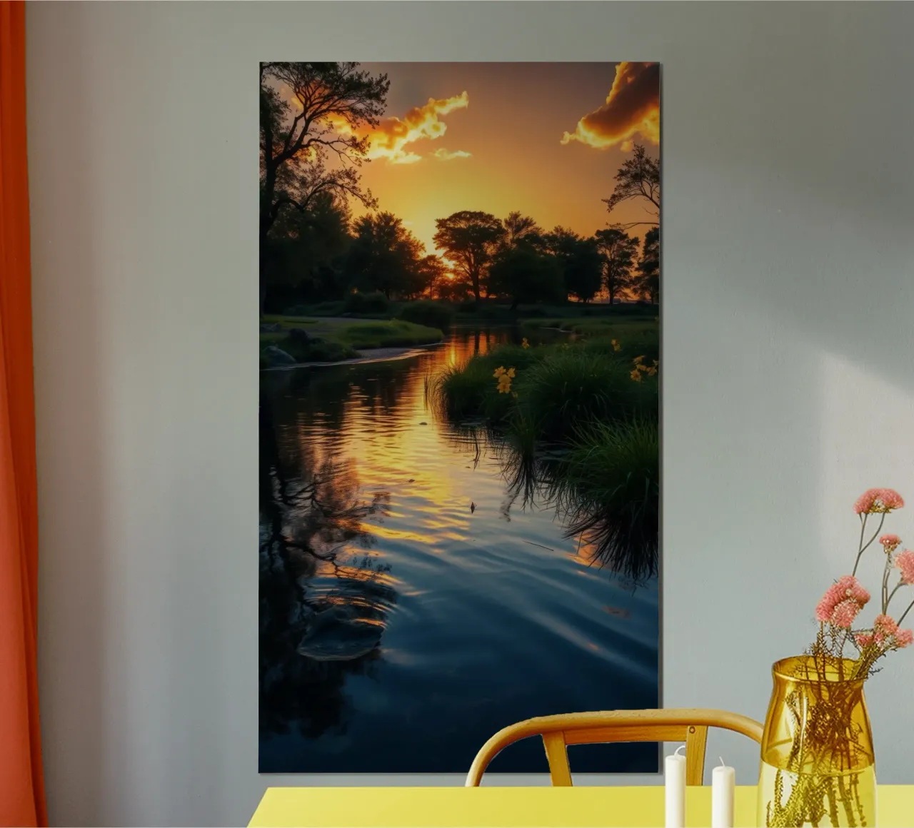 Vivido tramonto che si riflette sull'acqua calma con fiori vivaci poster con telaio in alluminio da DesignDoodle