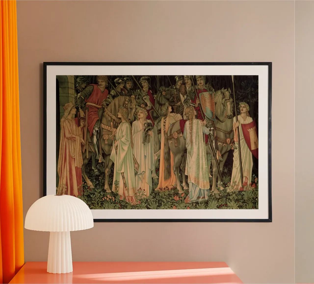 Arazzo del Santo Graal - L'armamento e la partenza dei cavalieri poster con telaio in alluminio da Timeless Artworks