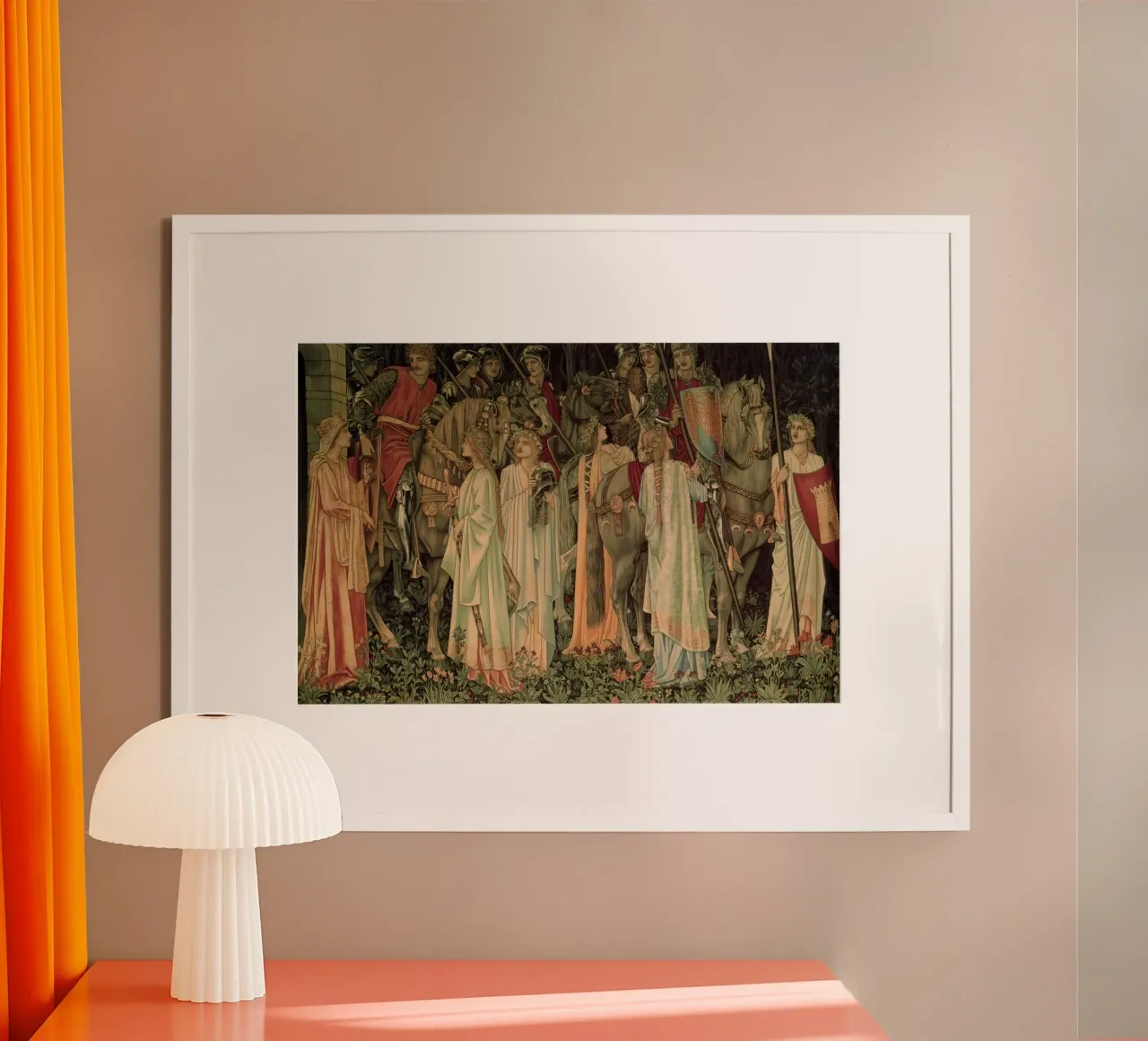Arazzo del Santo Graal - L'armamento e la partenza dei cavalieri poster con telaio in alluminio da Timeless Artworks