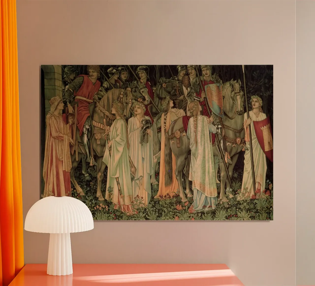 Arazzo del Santo Graal - L'armamento e la partenza dei cavalieri poster con telaio in alluminio da Timeless Artworks