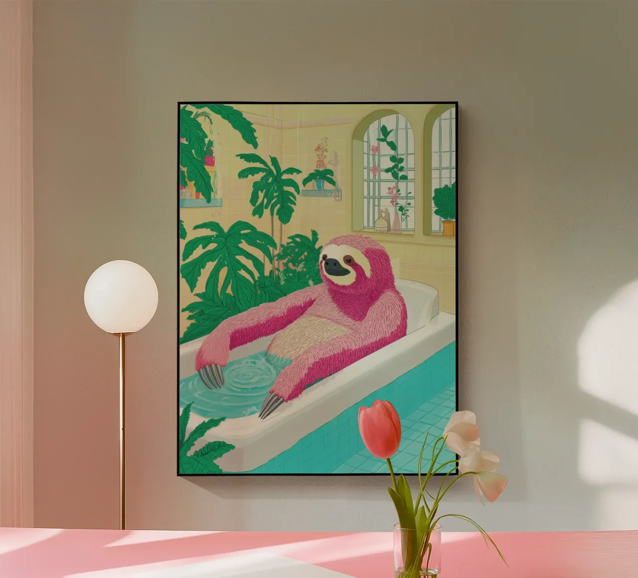 Faultier in der Badewanne: Lustige Badezimmer-Pop-Art Acryl-Glas von Kaji