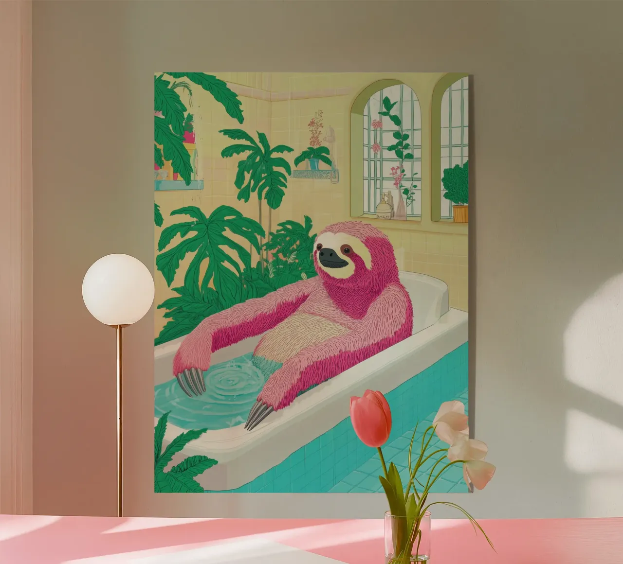 Faultier in der Badewanne: Lustige Badezimmer-Pop-Art Acryl-Glas von Kaji