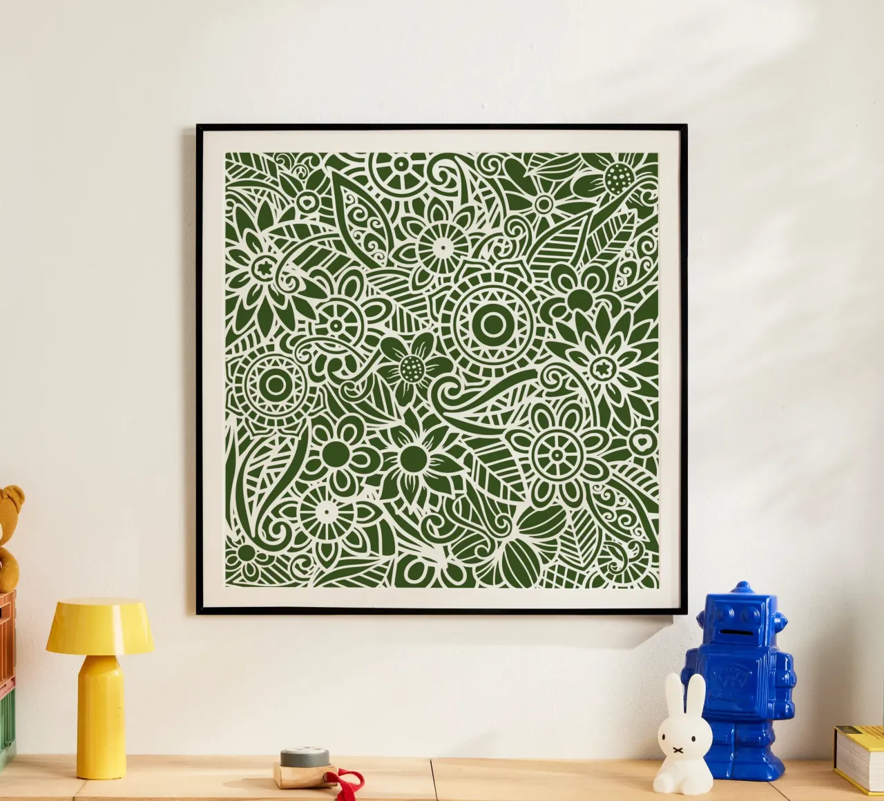 Mandala floreale verde scuro poster con telaio in legno da Spiritual Touch