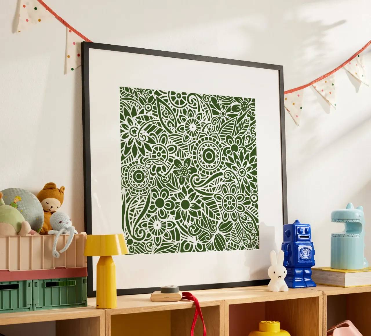 Mandala floreale verde scuro poster con telaio in legno da Spiritual Touch