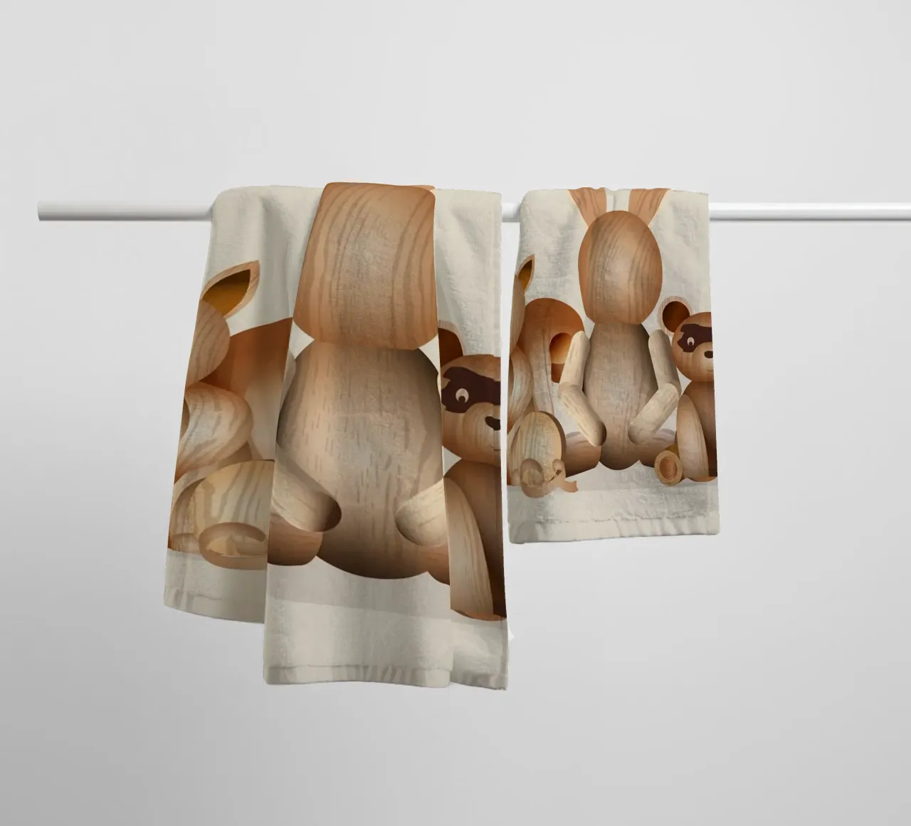 Illustration in wood look - Playful group of animals towel by namosh