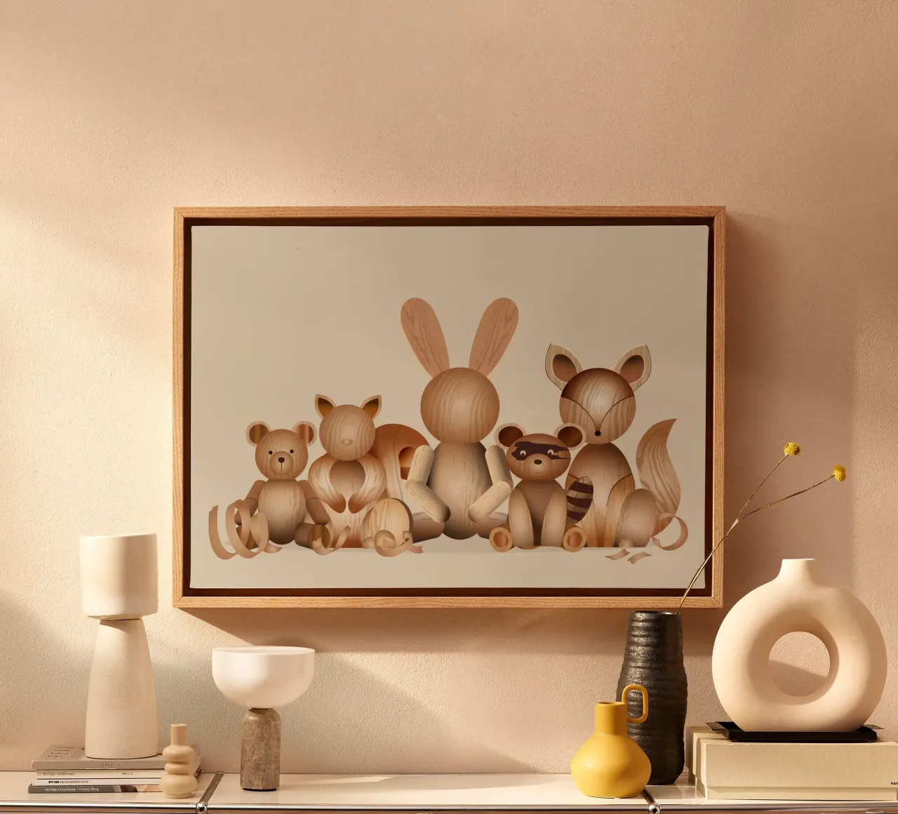 Illustratie in houtlook - Speelse groep dieren canvas met Baklijst van namosh