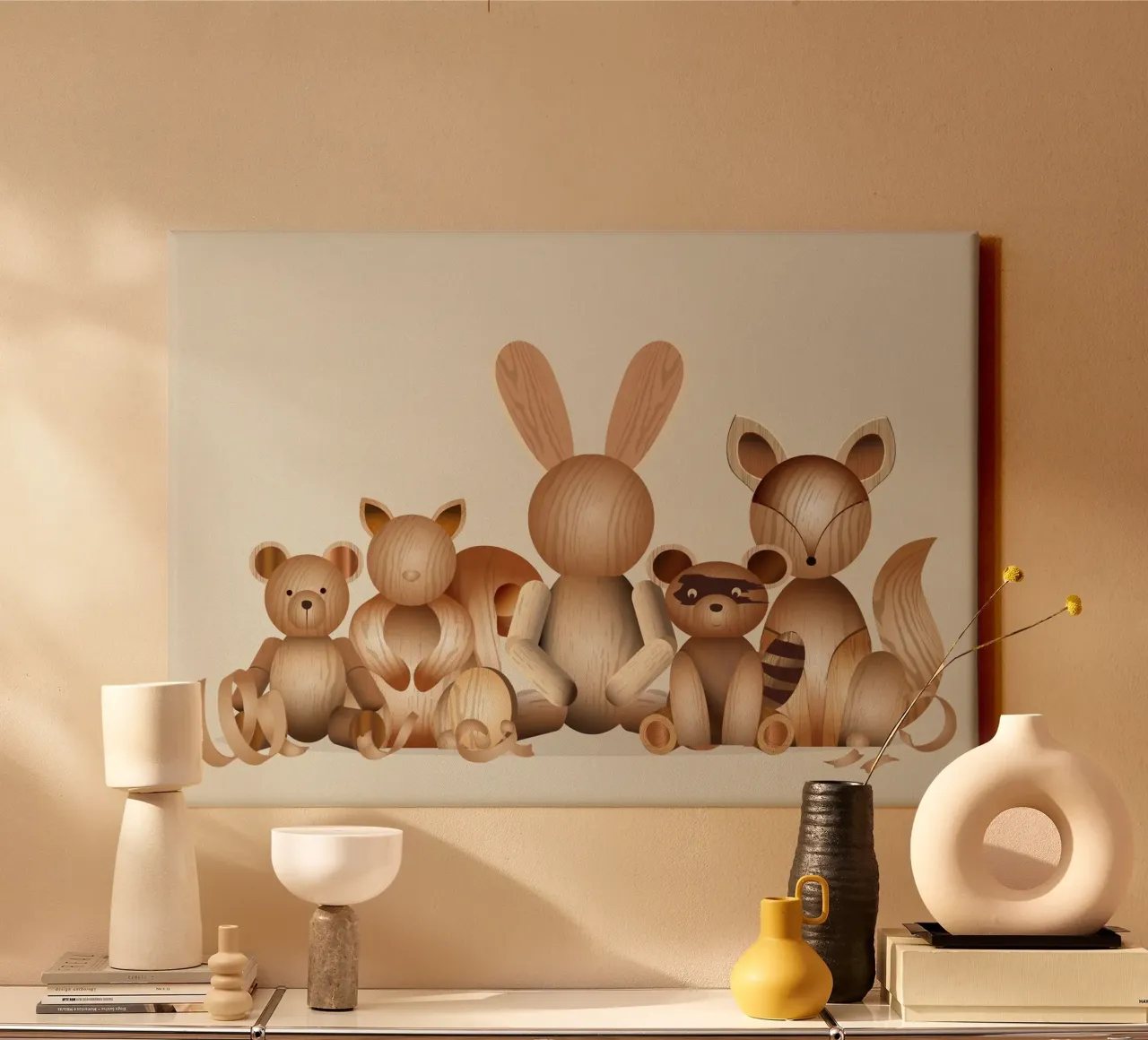 Illustratie in houtlook - Speelse groep dieren canvas met Baklijst van namosh