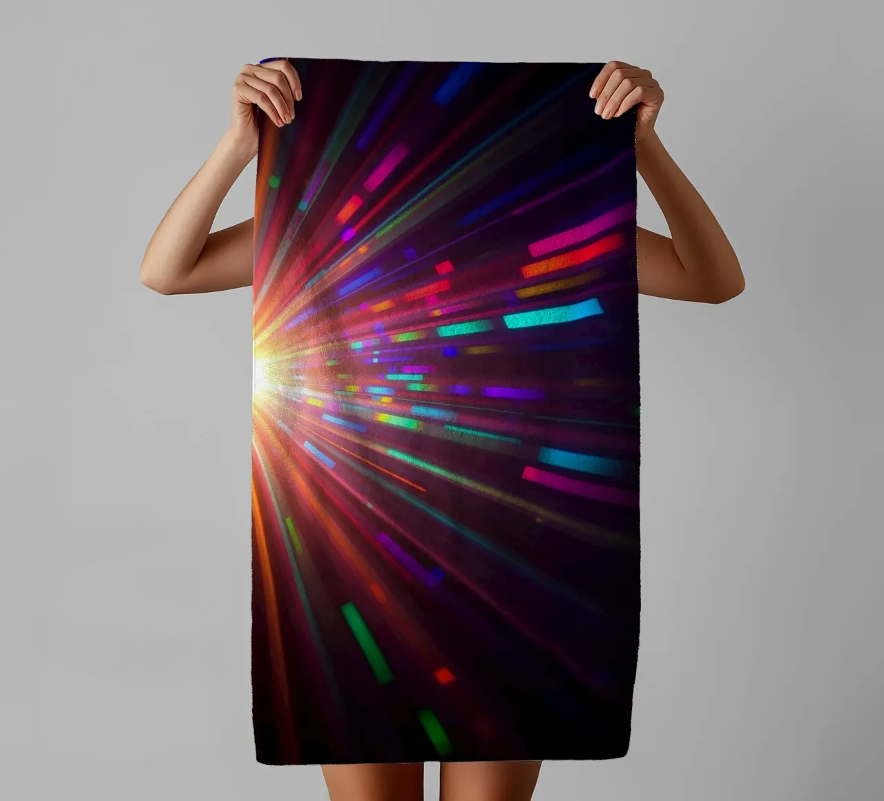 Vibrant abstract light rays radiate from a central point towel by DesignDoodle