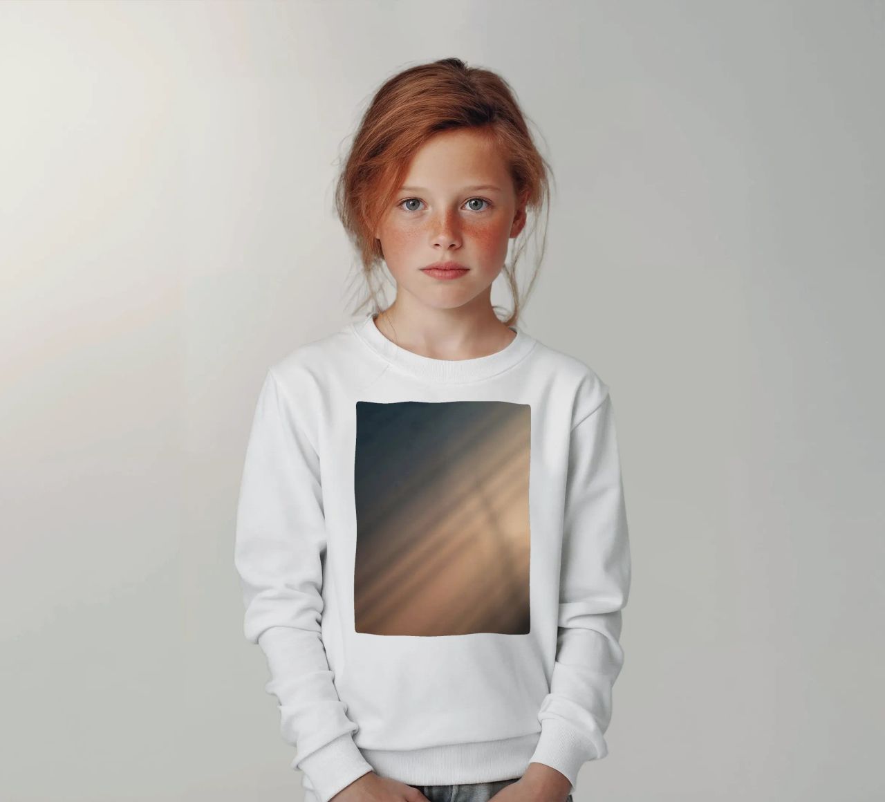 Soft gradient background with abstract light patterns kids sweatshirt by DesignDoodle