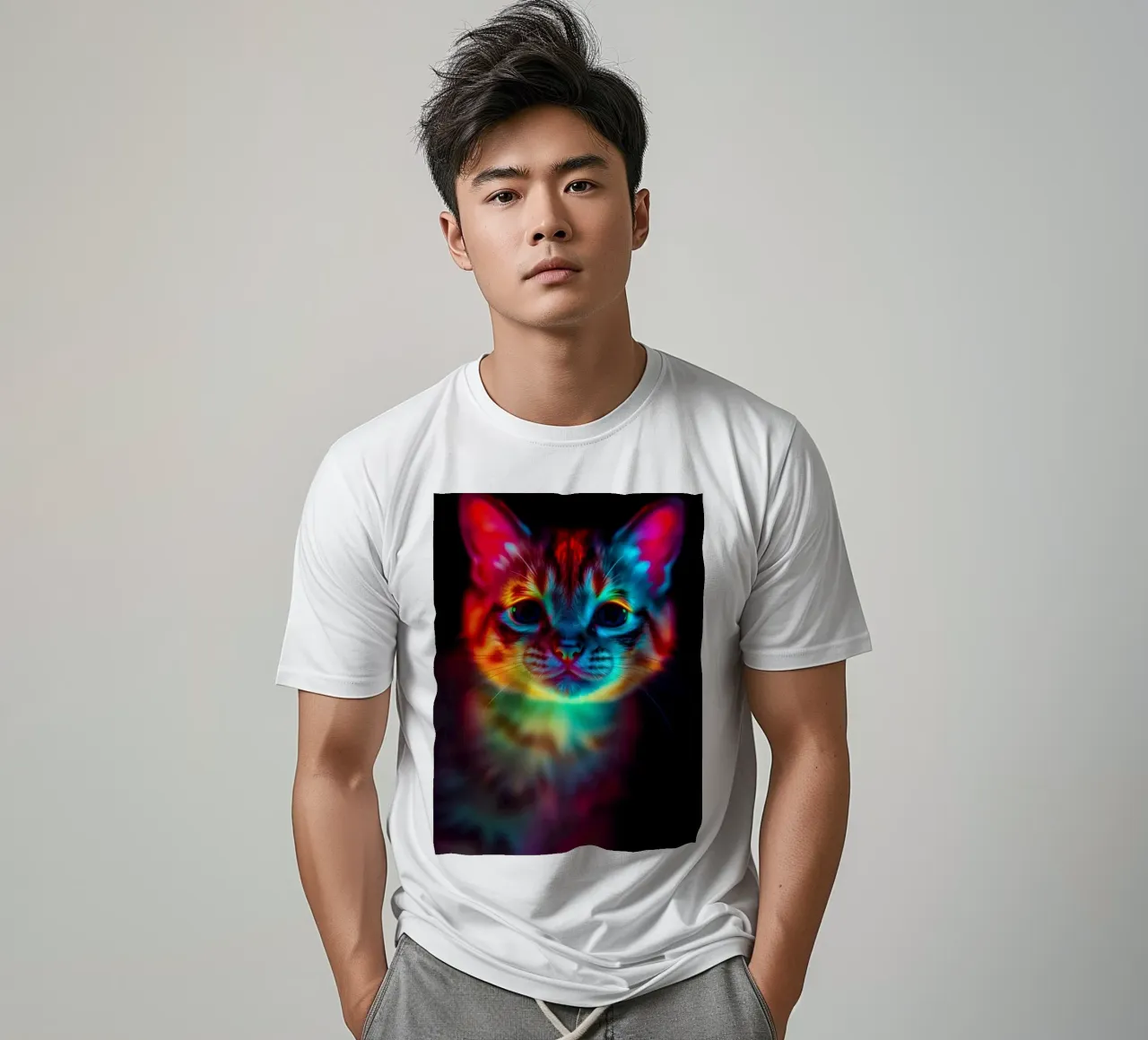 Colorful abstract cat design with vibrant lighting t-shirt by DesignDoodle