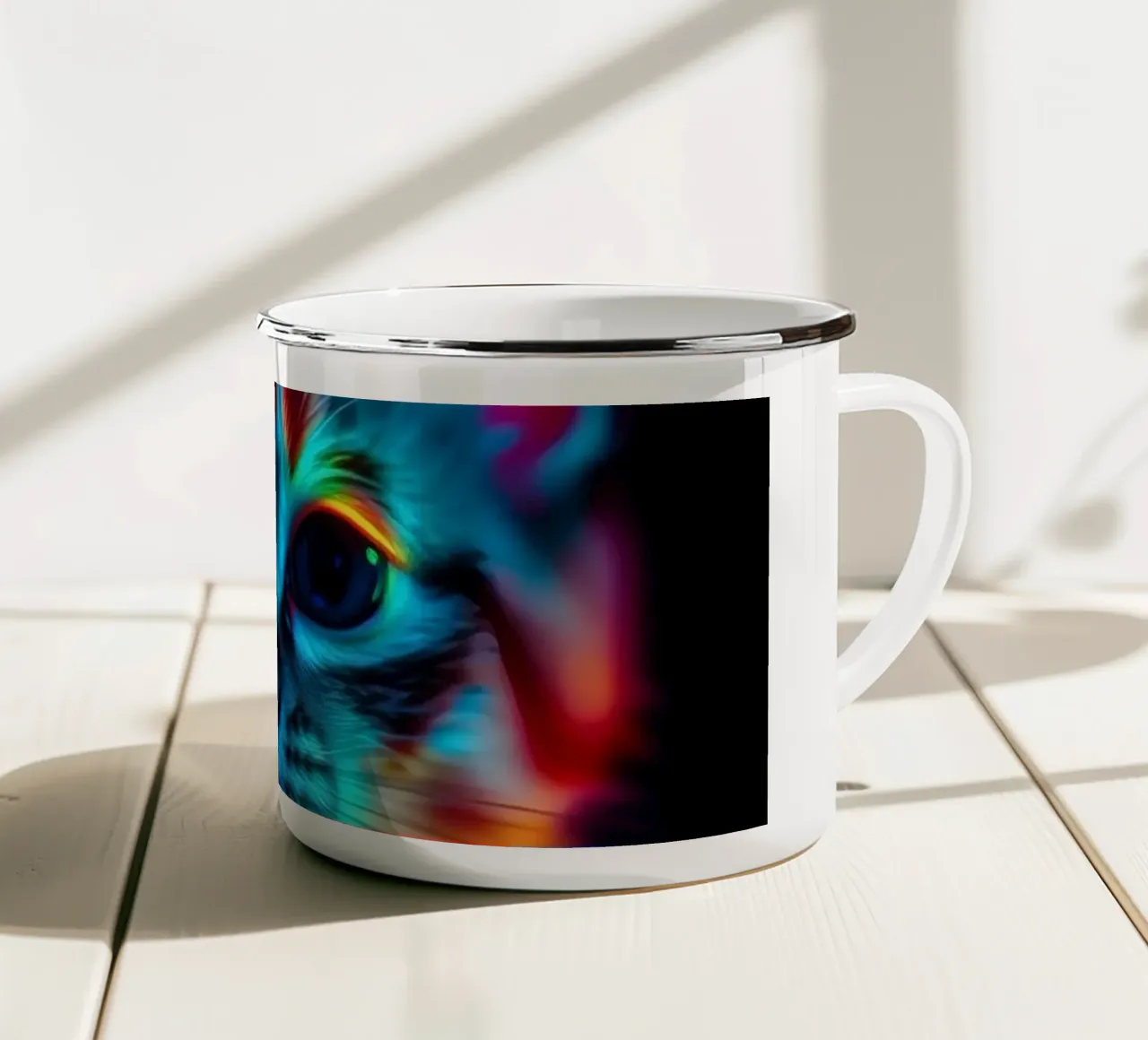 Gatto astratto colorato con illuminazione vivace tazza in smalto da DesignDoodle