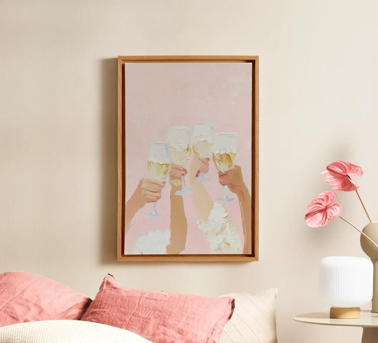 Poster Champagne, celebrazione rosa pastello Arte da parete moderna tela con Cornice a cassetta da Little Lila