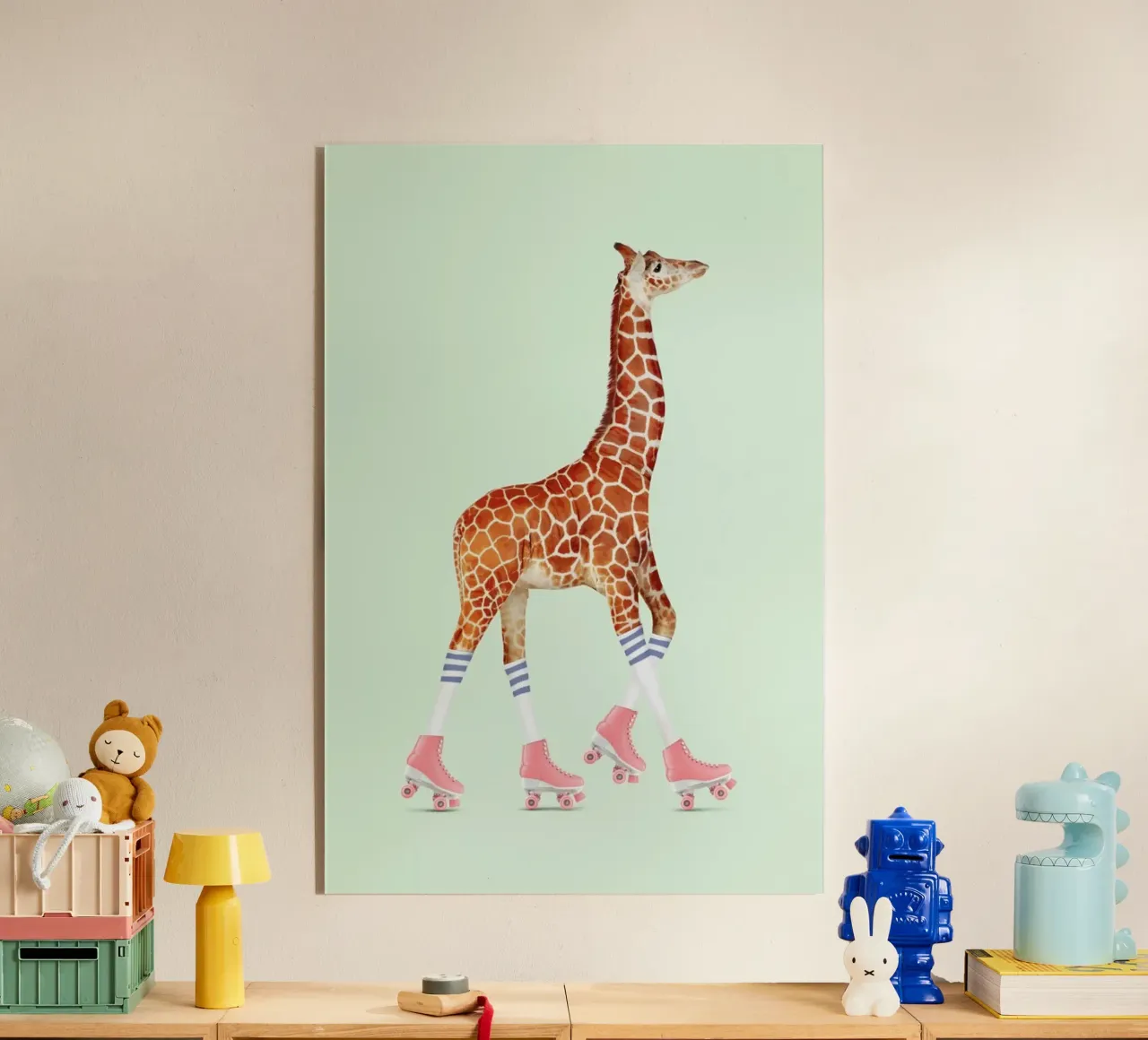 Rollerskating Giraffe acryl van Jonas Loose