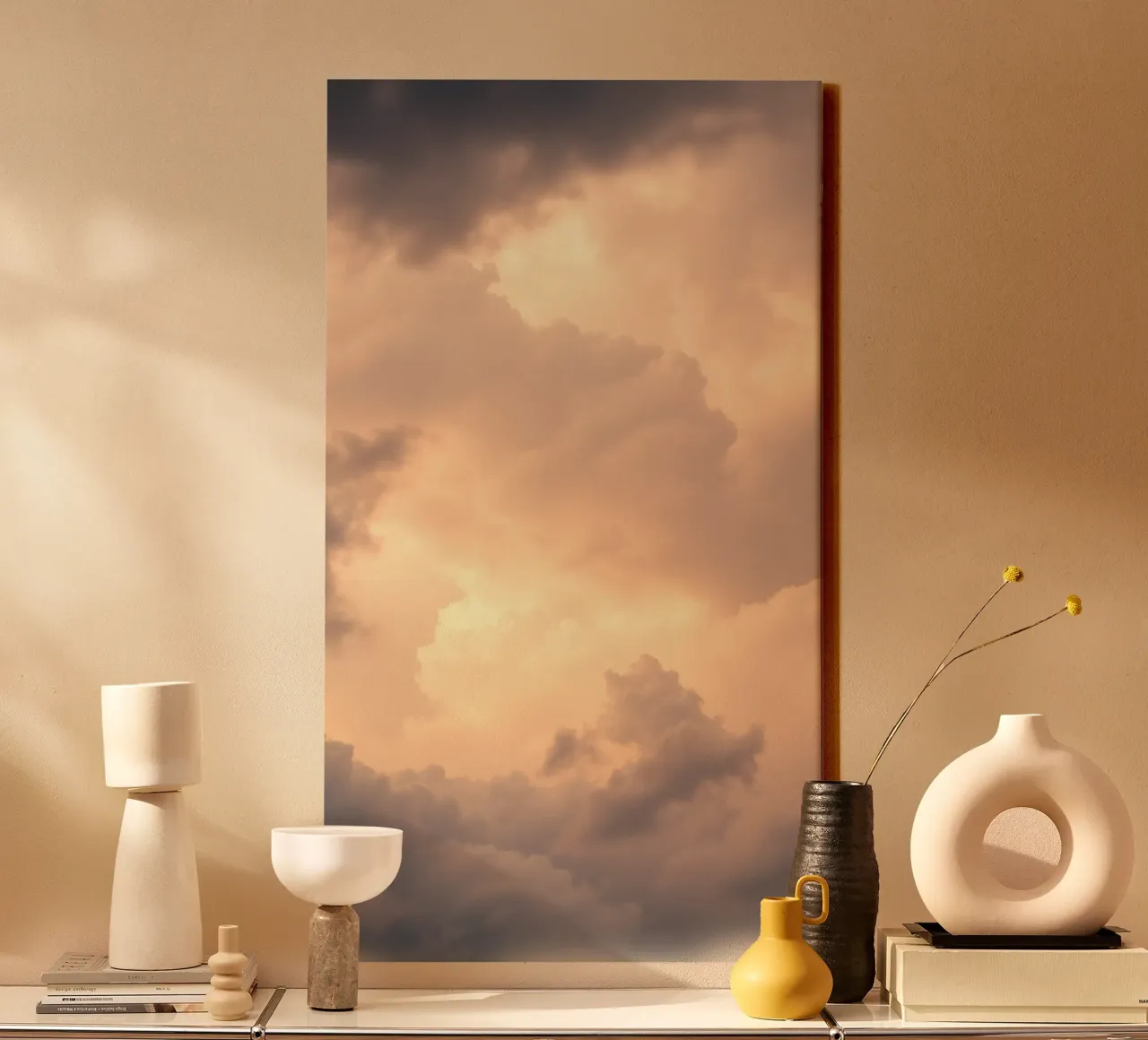 Beautiful abstract clouds with soft golden hues canvas by DesignDoodle