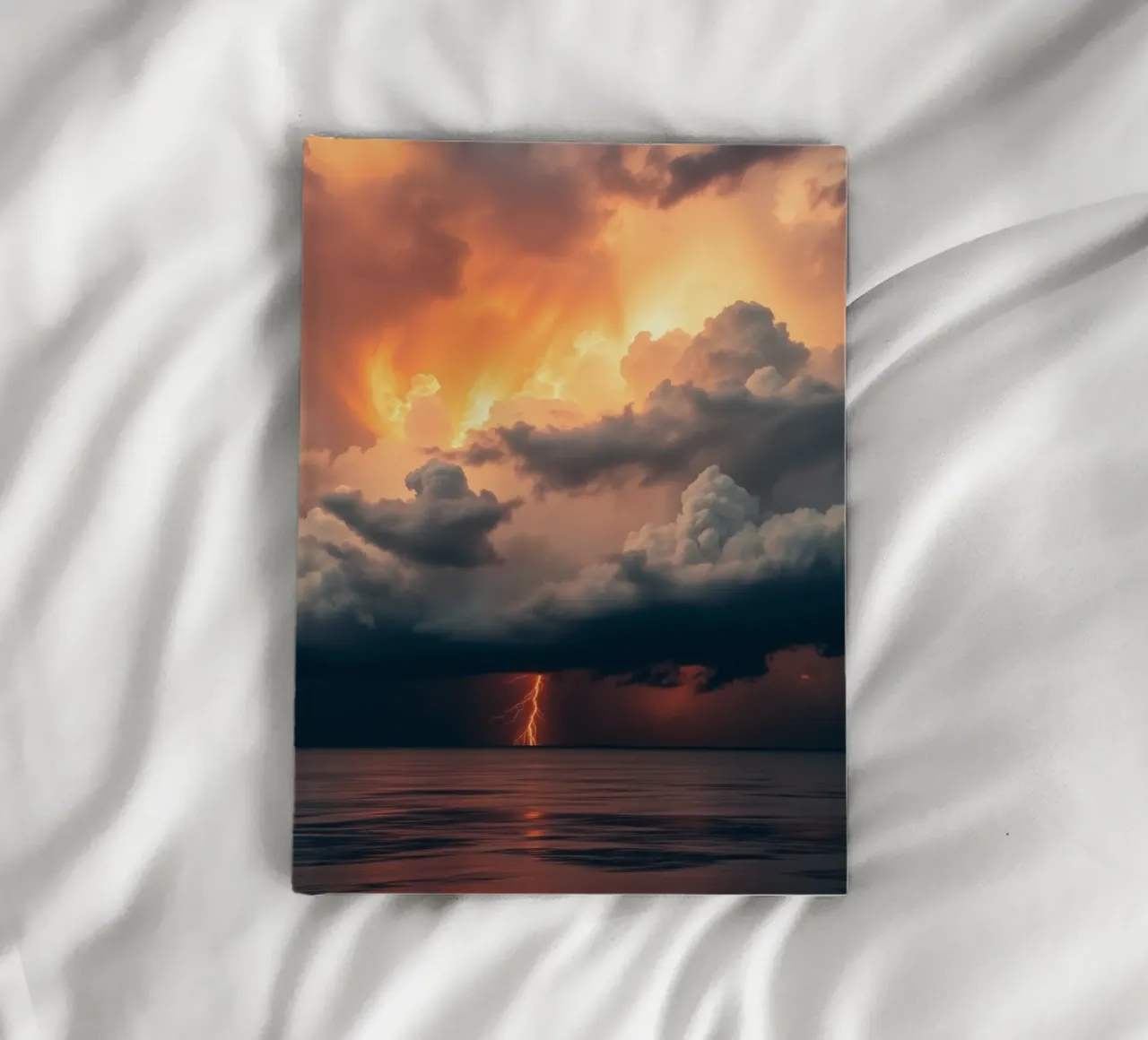 Dramatic sunset with storm clouds and lightning illuminating notebook by DesignDoodle