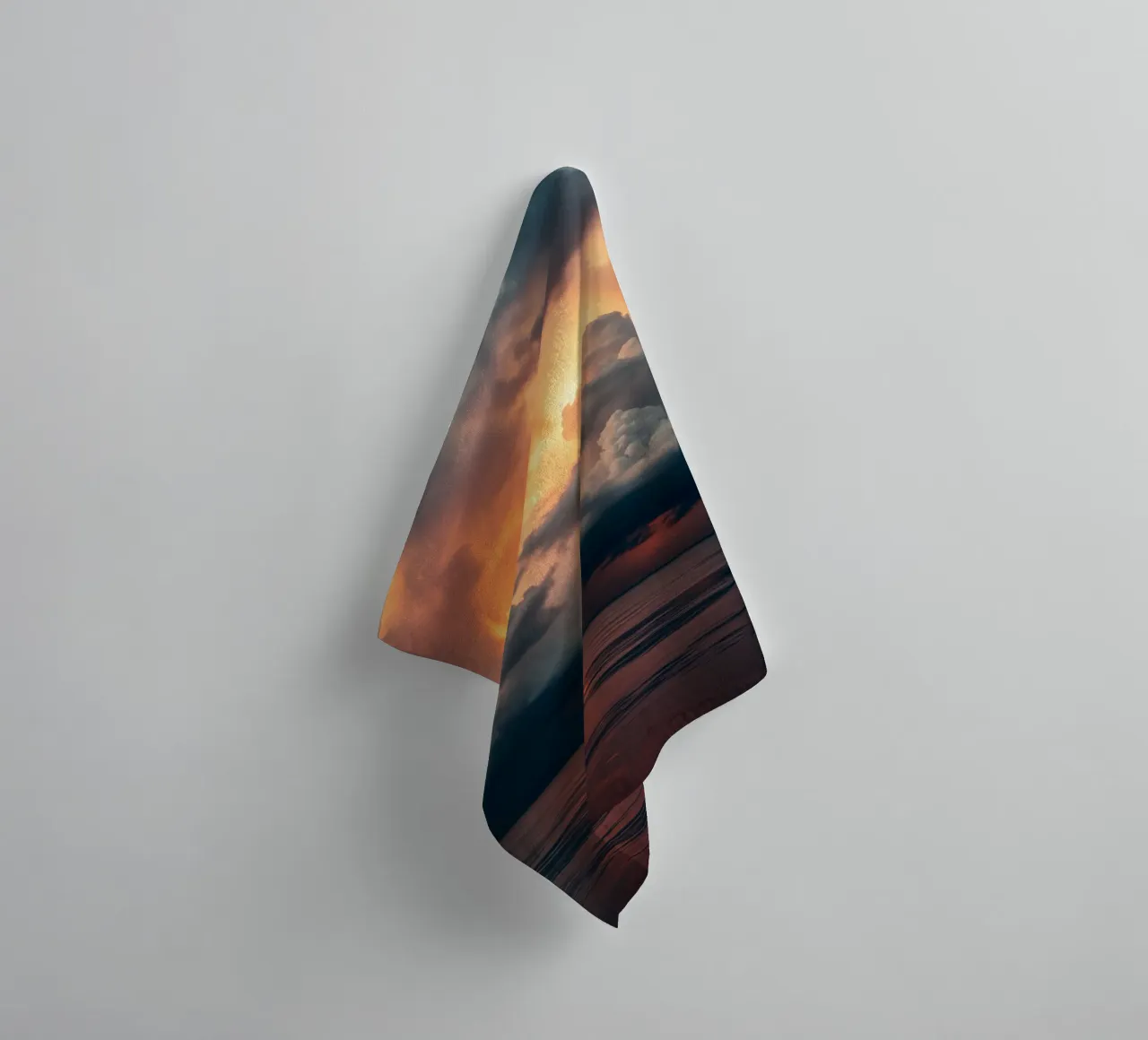 Dramatic sunset with storm clouds and lightning illuminating towel by DesignDoodle