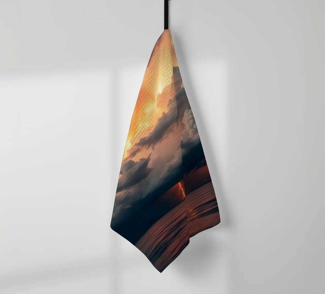 Dramatic sunset with storm clouds and lightning illuminating tea towel by DesignDoodle