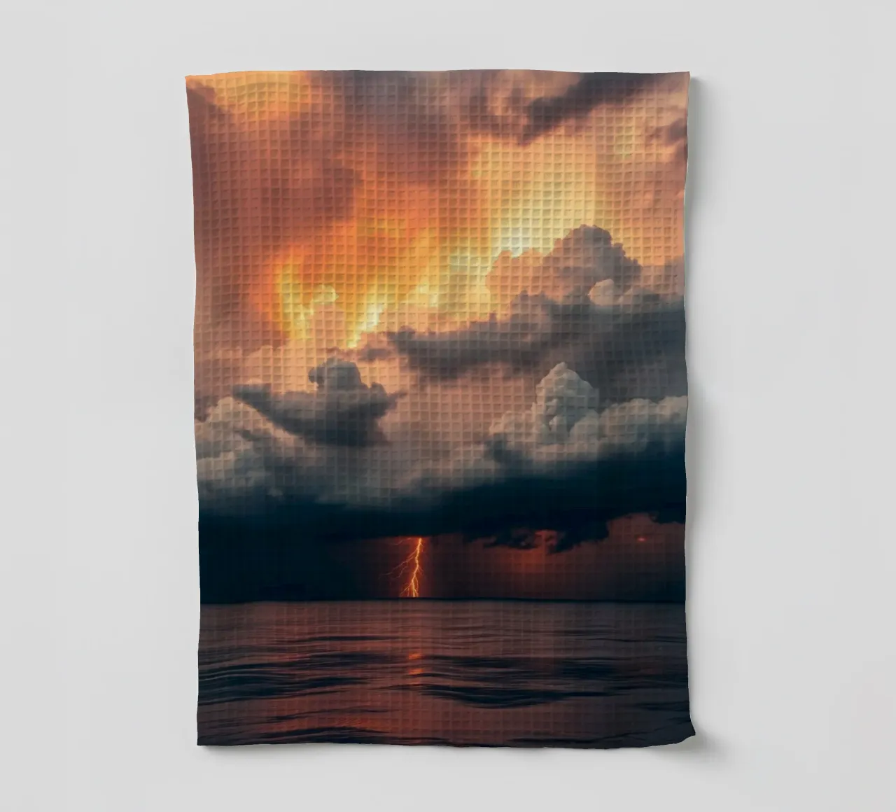 Dramatic sunset with storm clouds and lightning illuminating tea towel by DesignDoodle