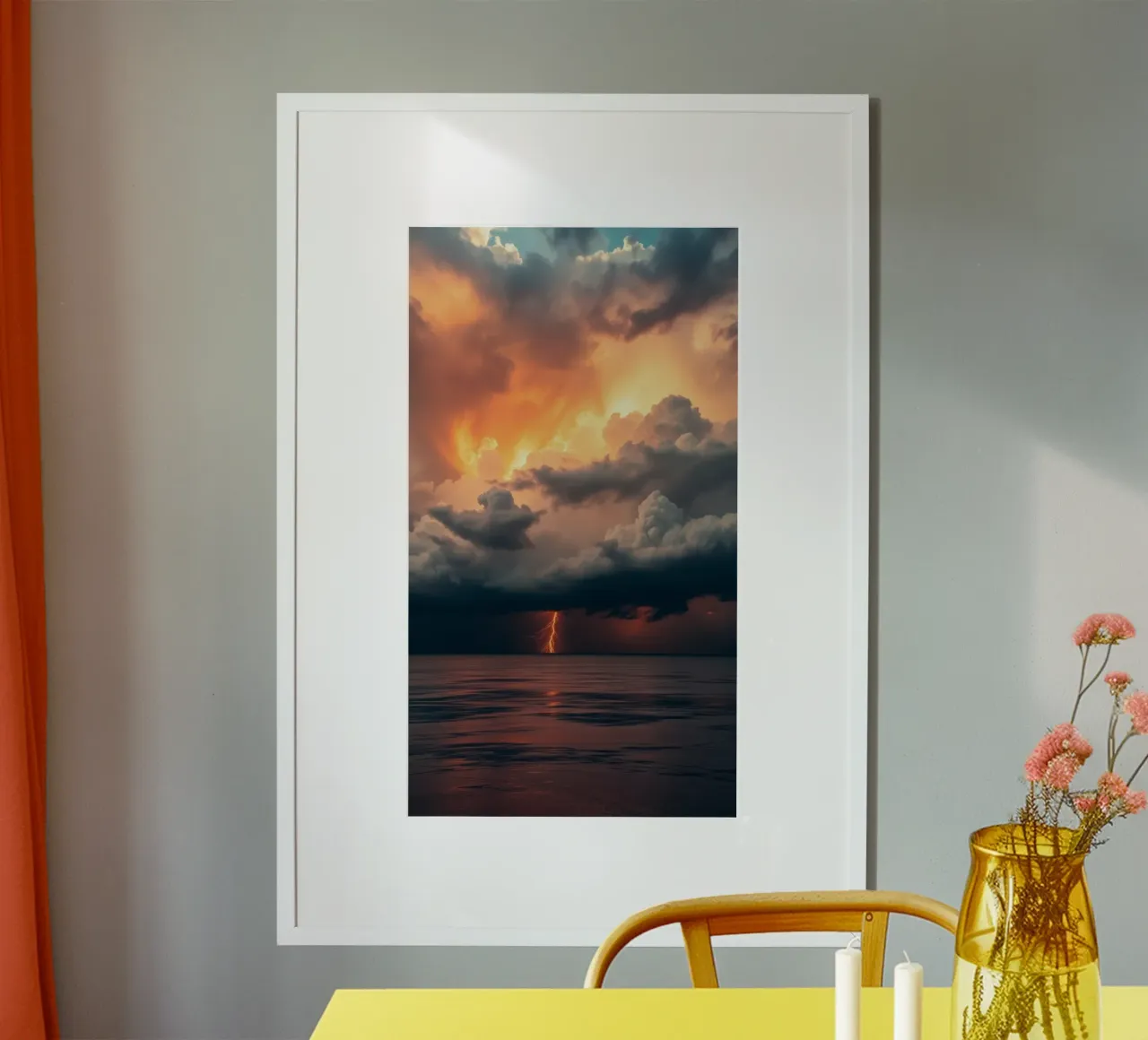 Dramatic sunset with storm clouds and lightning illuminating poster with plastic frame by DesignDoodle