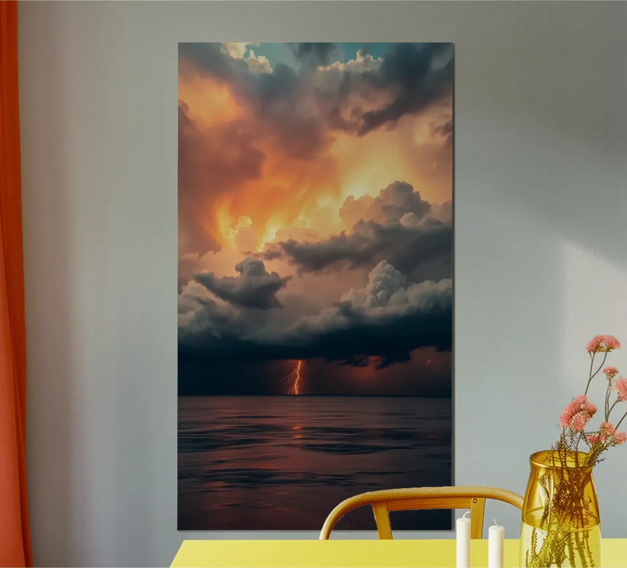Dramatic sunset with storm clouds and lightning illuminating poster with plastic frame by DesignDoodle