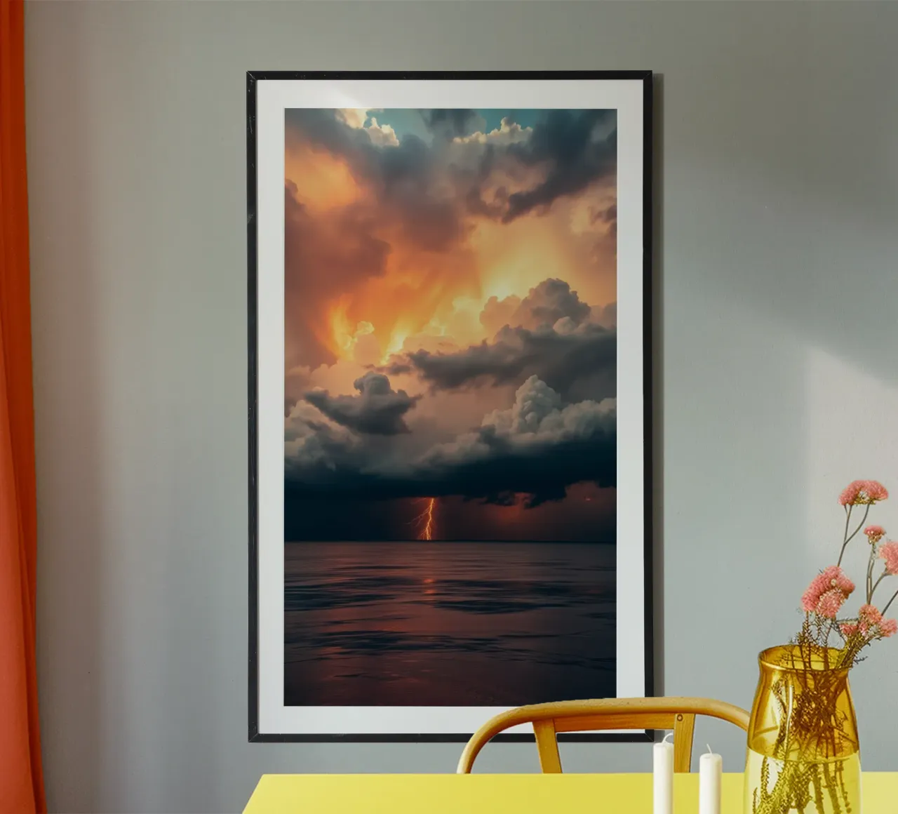 Dramatic sunset with storm clouds and lightning illuminating poster with plastic frame by DesignDoodle