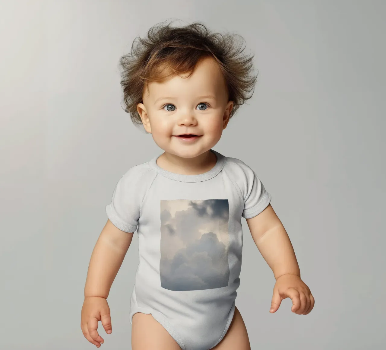 Sky filled with soft clouds and light hues a calm and sooth short-sleeve baby romper by DesignDoodle