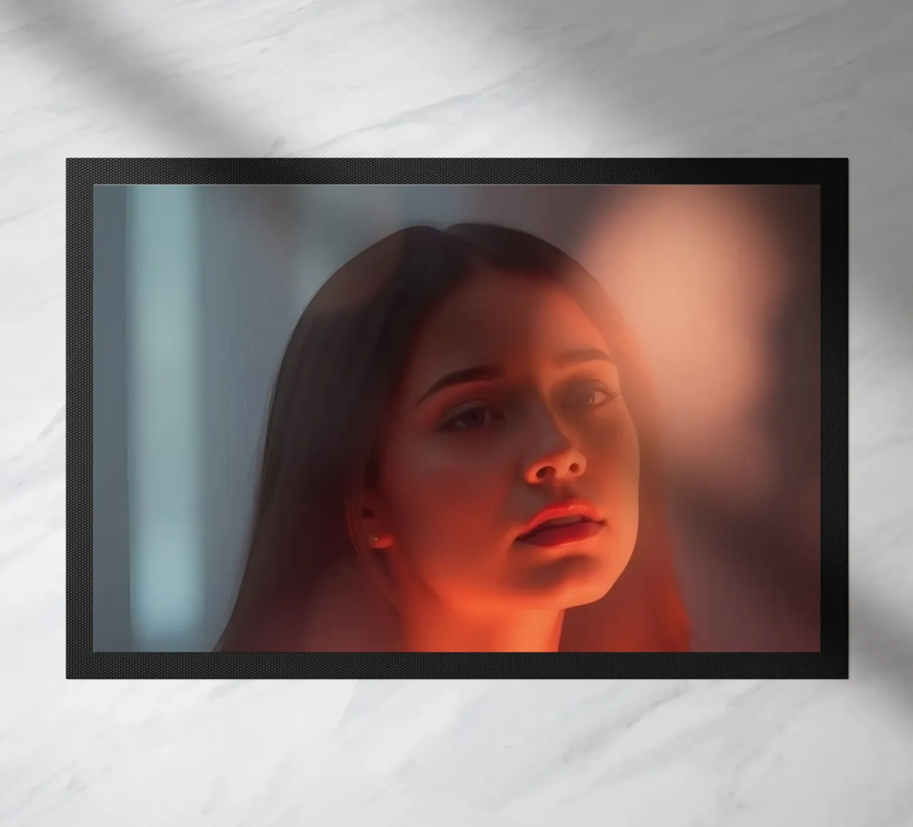 Portrait captivant d'une jeune femme illuminée par un rêve paillasson de DesignDoodle