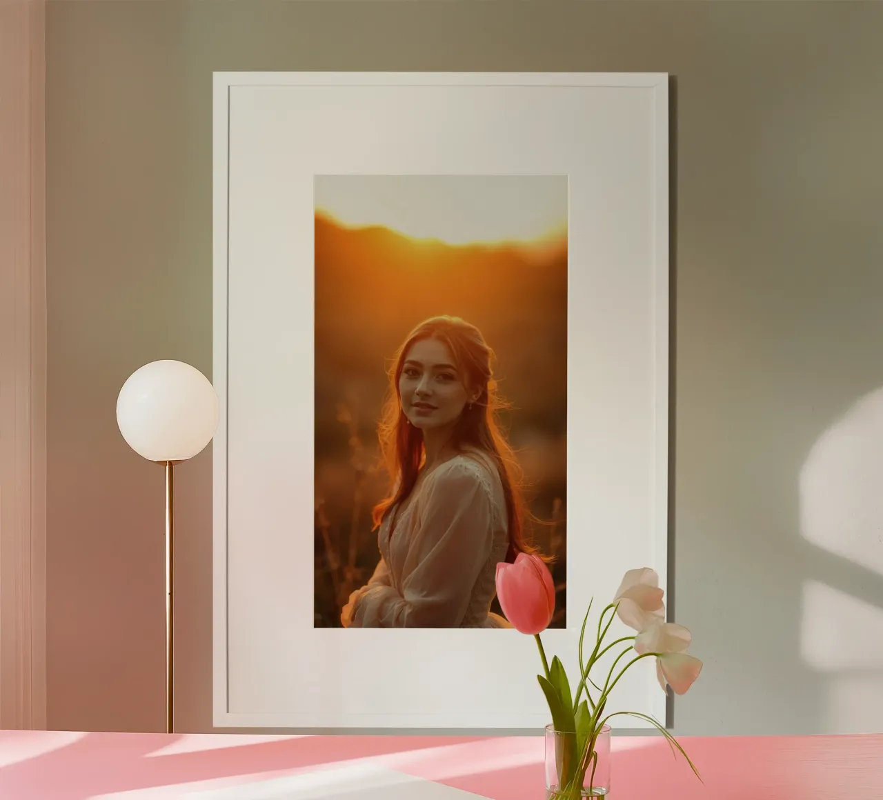 una donna dai capelli fluenti sullo sfondo di un tramonto poster con telaio in alluminio da DesignDoodle