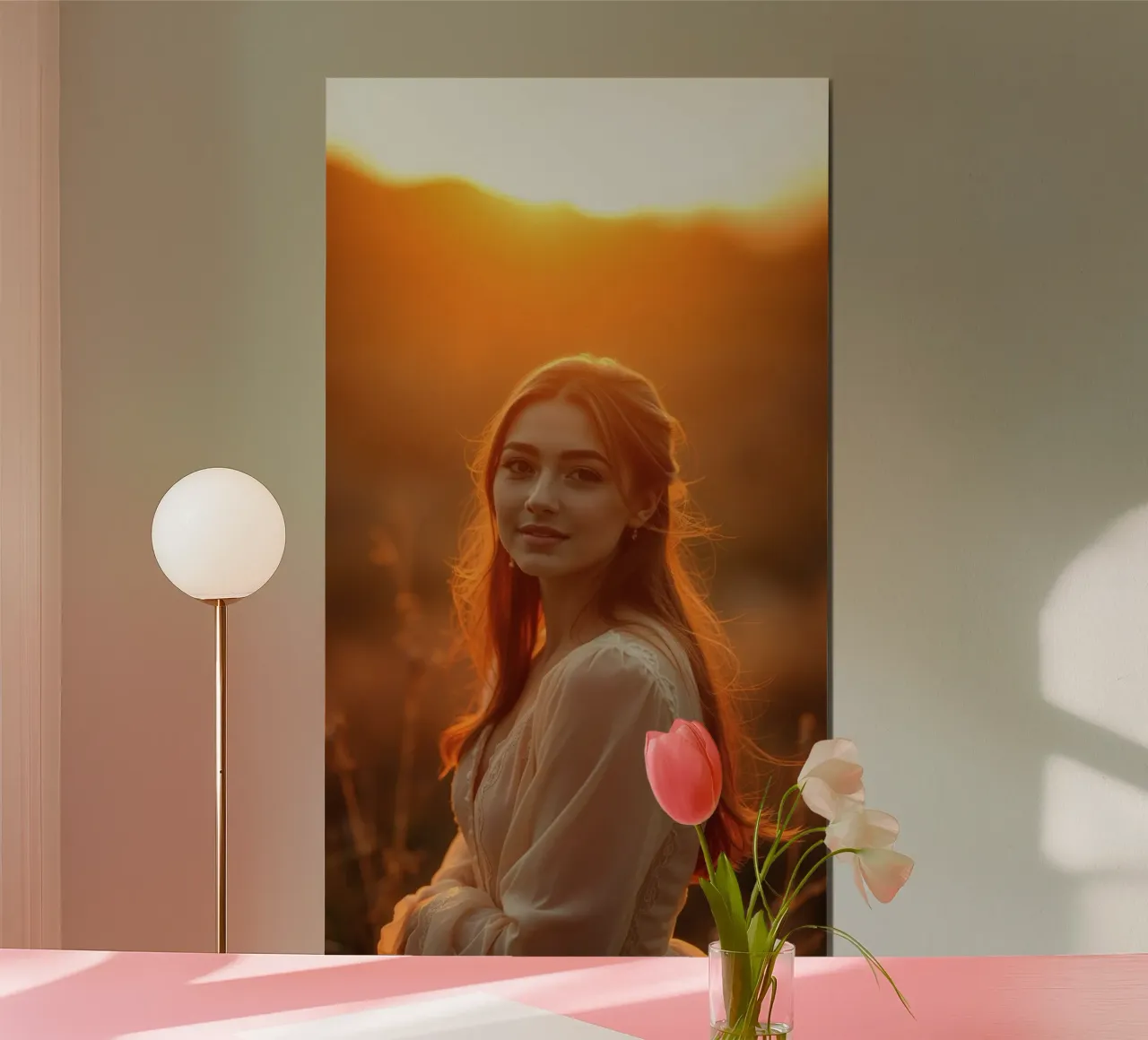 una donna dai capelli fluenti sullo sfondo di un tramonto poster con telaio in alluminio da DesignDoodle
