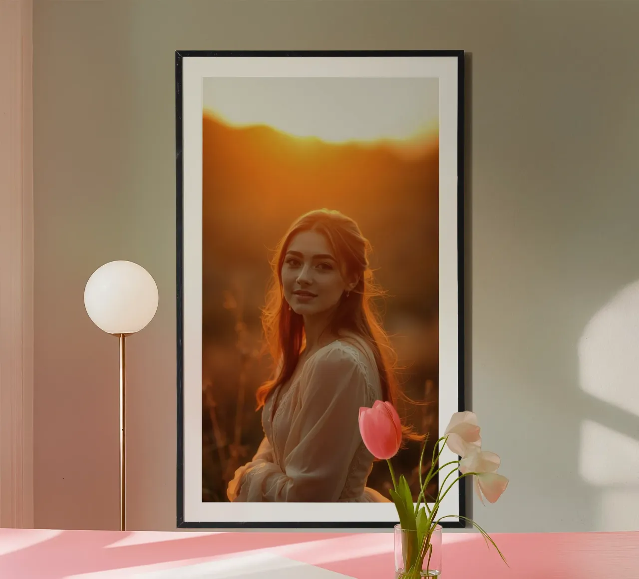 una donna dai capelli fluenti sullo sfondo di un tramonto poster con telaio in alluminio da DesignDoodle