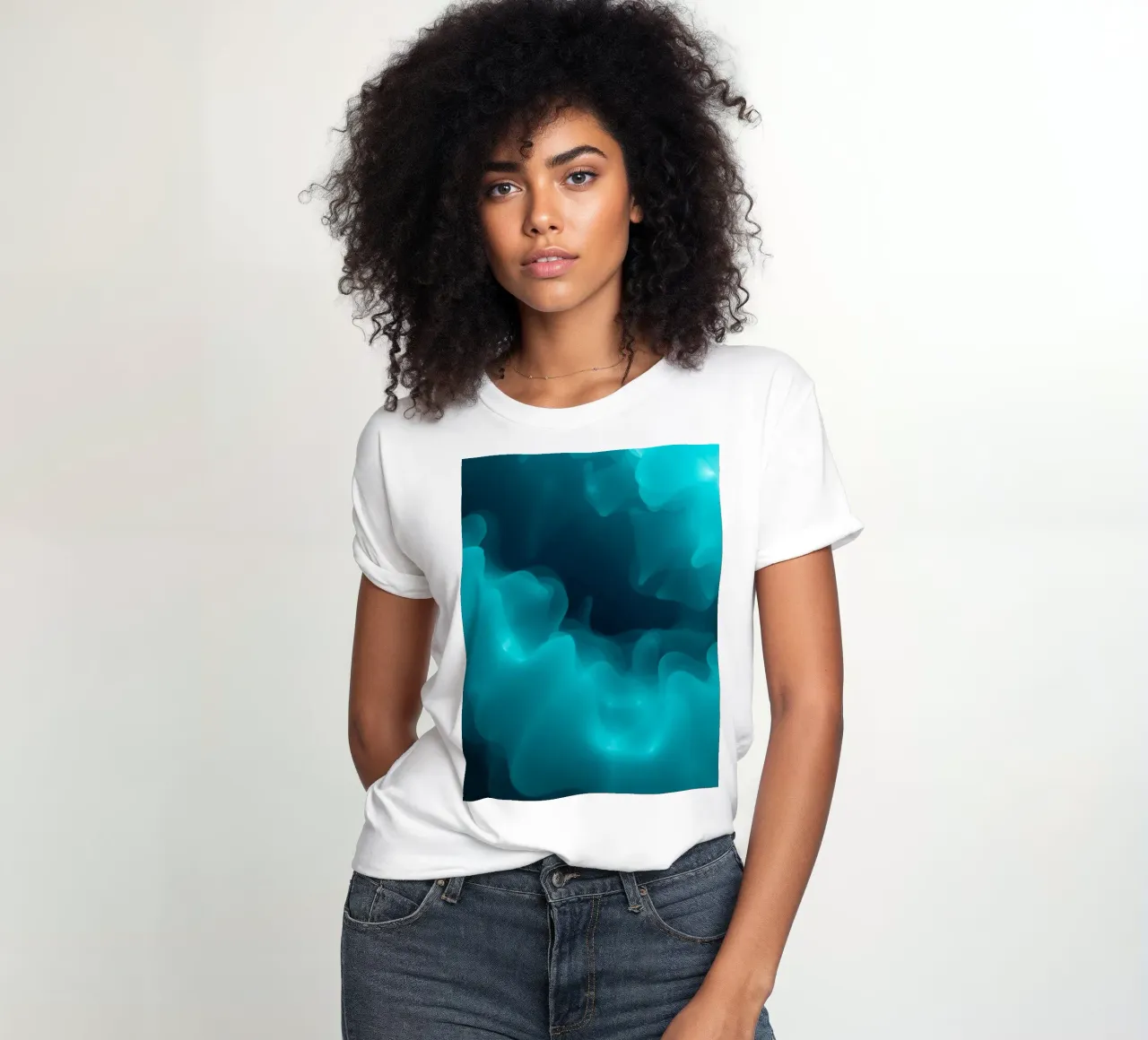 Abstract turquoise waves create calming wallpaper backgroud women's fitted t-shirt by DesignDoodle